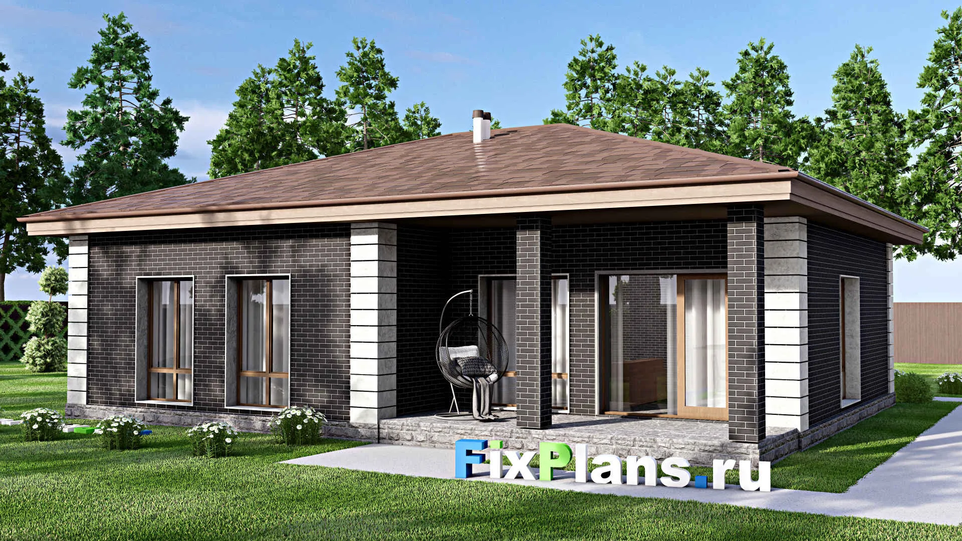 F-13985 - План одноэтажного дома 13 на 14, площадью 130 м² с террасой и 3 спальнями