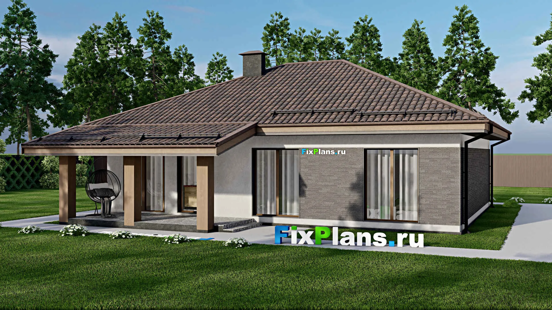 F-6713 - План одноэтажного дома 11 на 14, площадью 140 м² с террасой и 3 спальнями