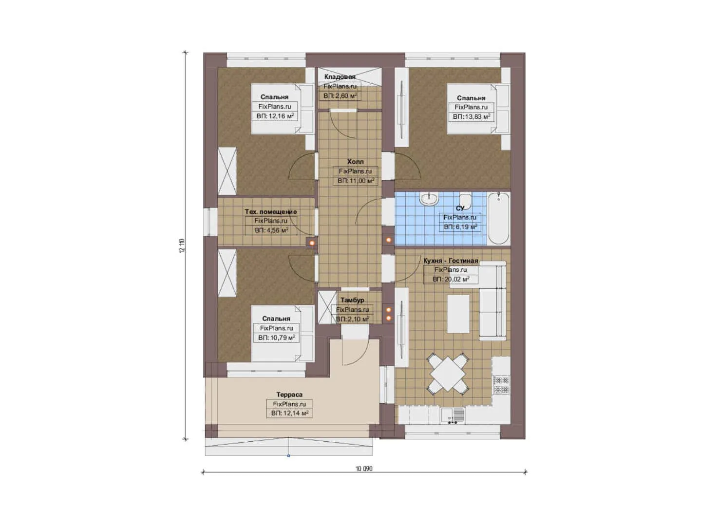 F-20861 - План одноэтажного дома 11 на 13, площадью 100 м² с террасой и 3 спальнями