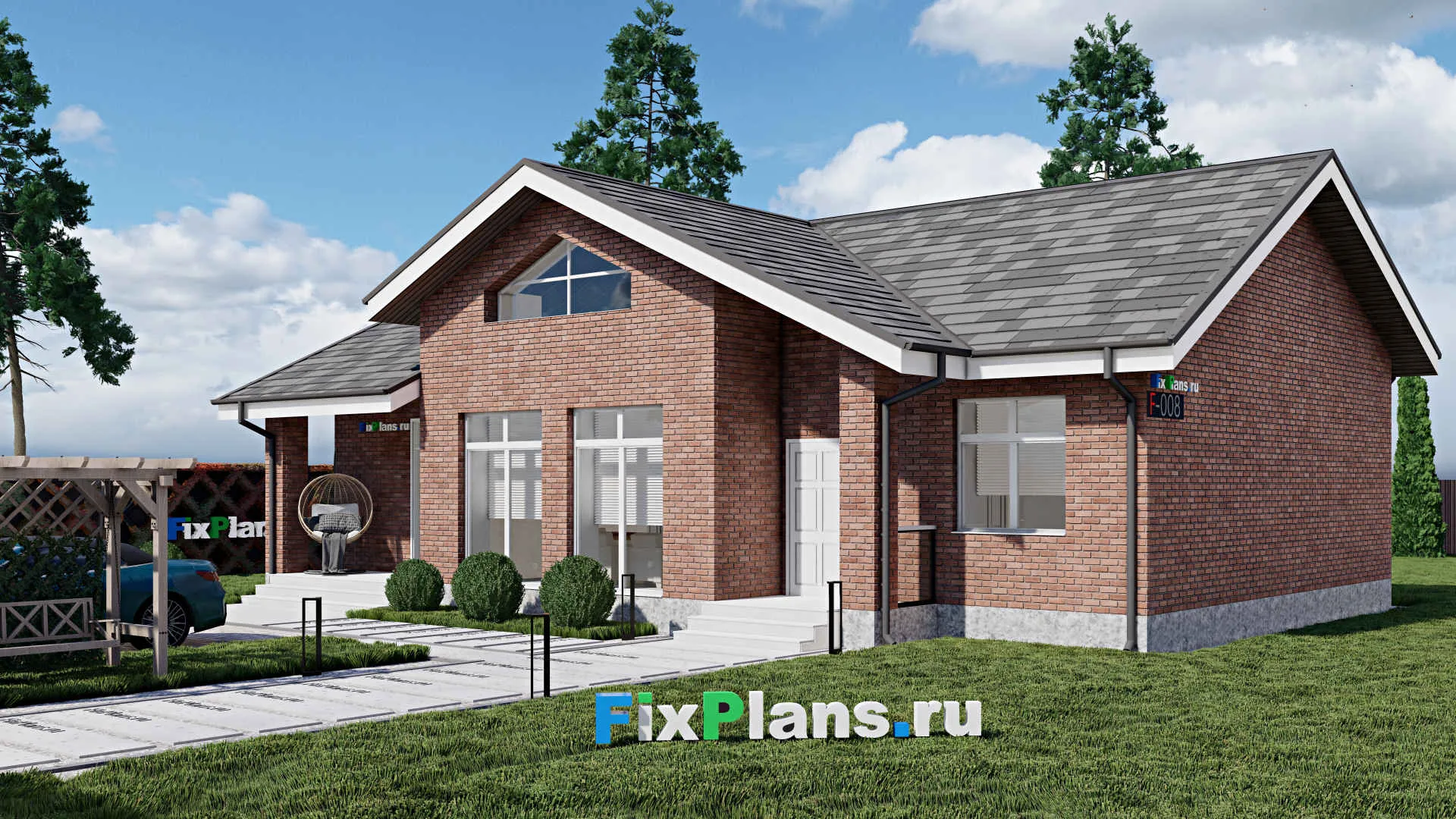 F-0008 - Проект одноэтажного дома 11 на 16, площадью 130 м² с террасой и 3 спальнями