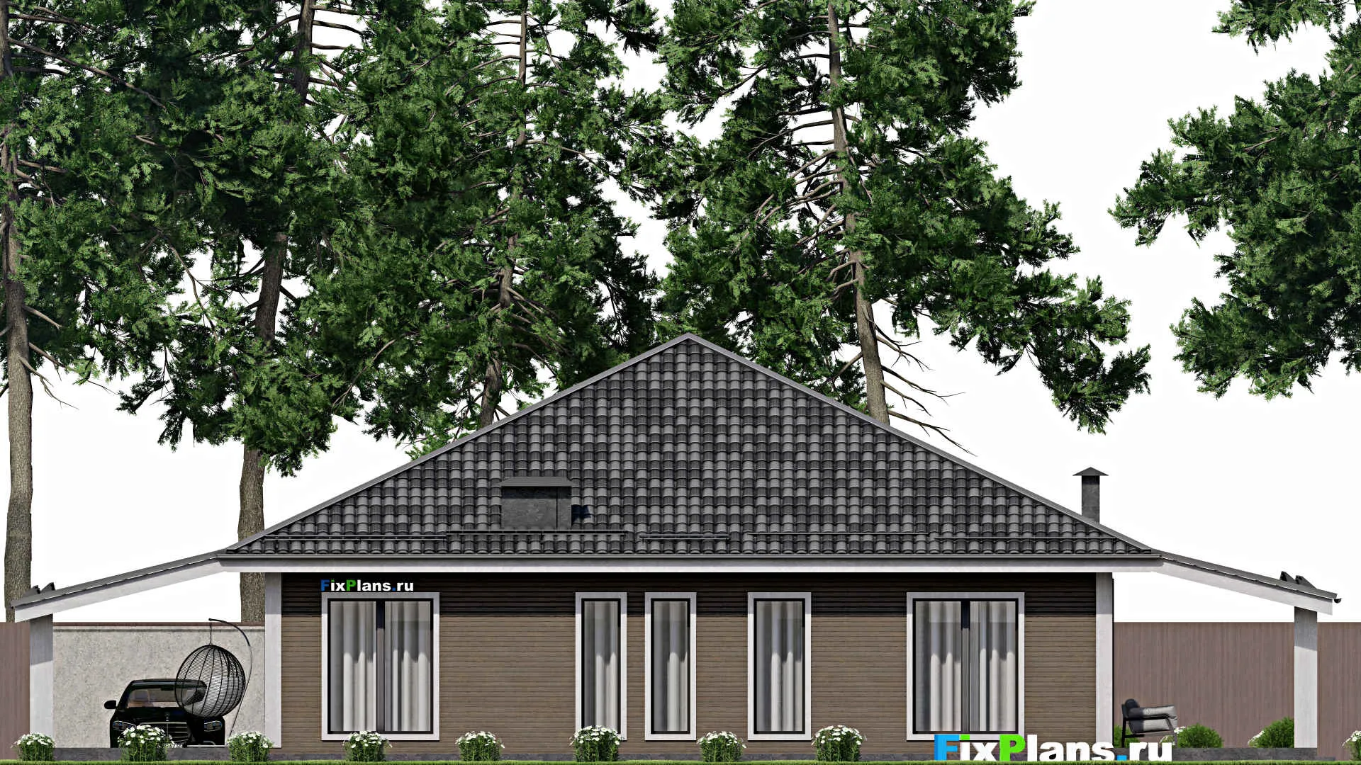 F-6839 - Проект одноэтажного дома 14 на 14, площадью 270 м² с террасой и 3 спальнями