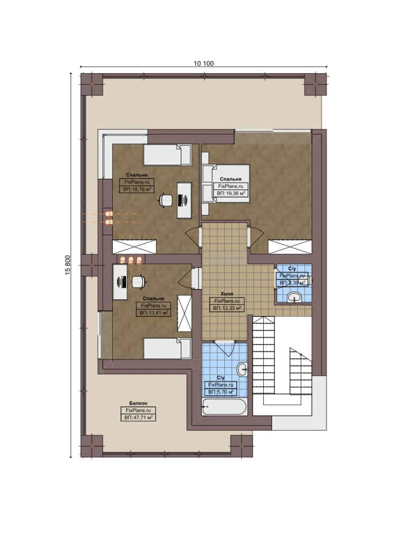 F-6290 - Планы двухэтажного дома 11 на 16, площадью 230 м² с террасой, балконом и 3 спальнями
