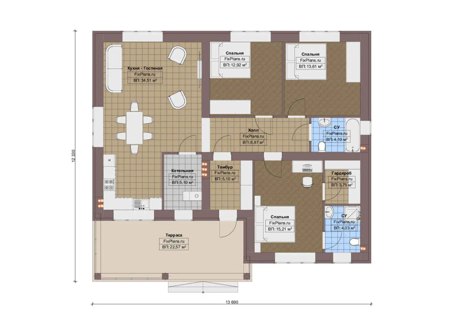F-19385 - План одноэтажного дома 13 на 14, площадью 130 м² с террасой и 3 спальнями