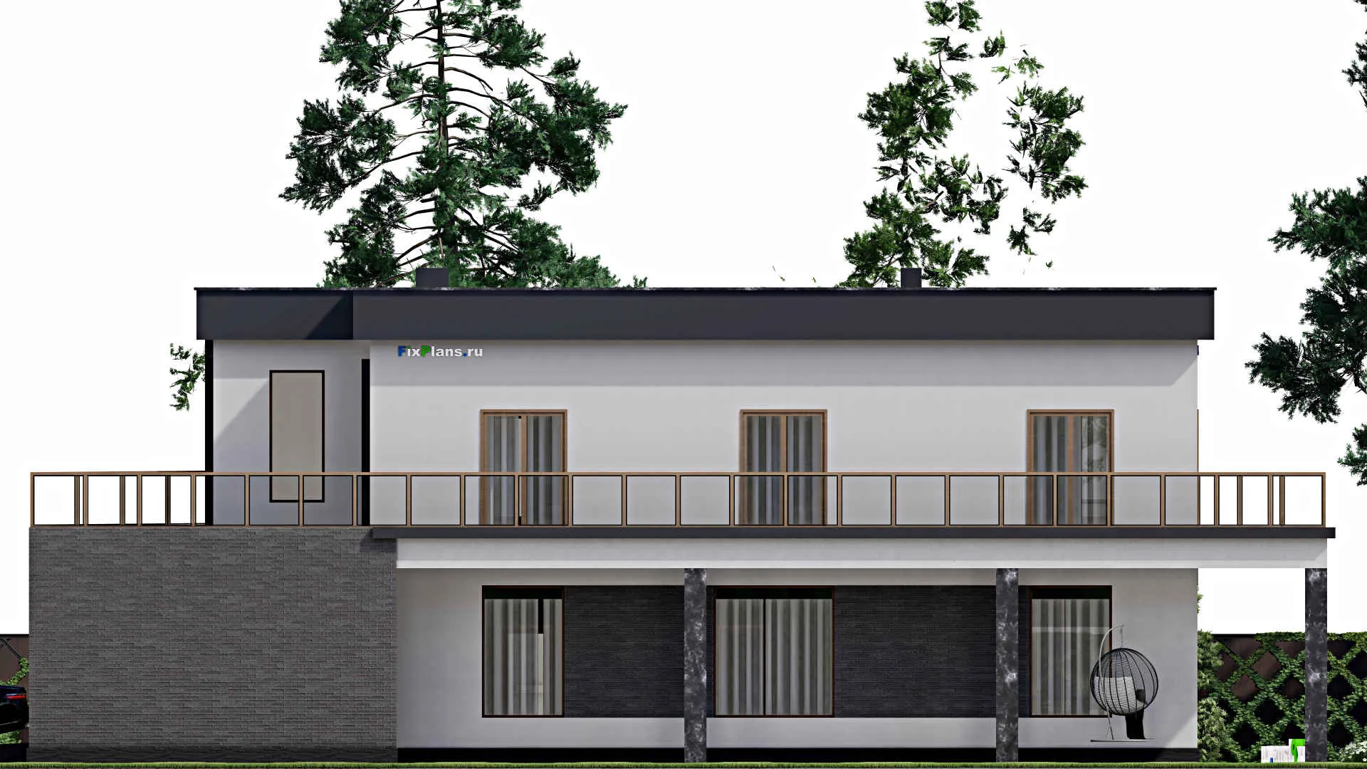 F-8855 - Планы двухэтажного дома 14 на 24, площадью 440 м² с террасой, балконом, гаражом на 2 машины и 6 спальнями