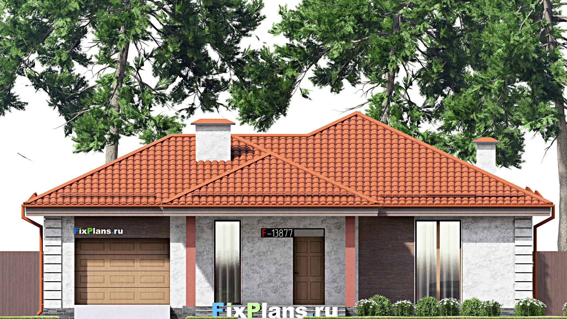 F-13877 - Проект одноэтажного дома 16 на 16, площадью 170 м² с террасой, гаражом на 1 машину и 3 спальнями