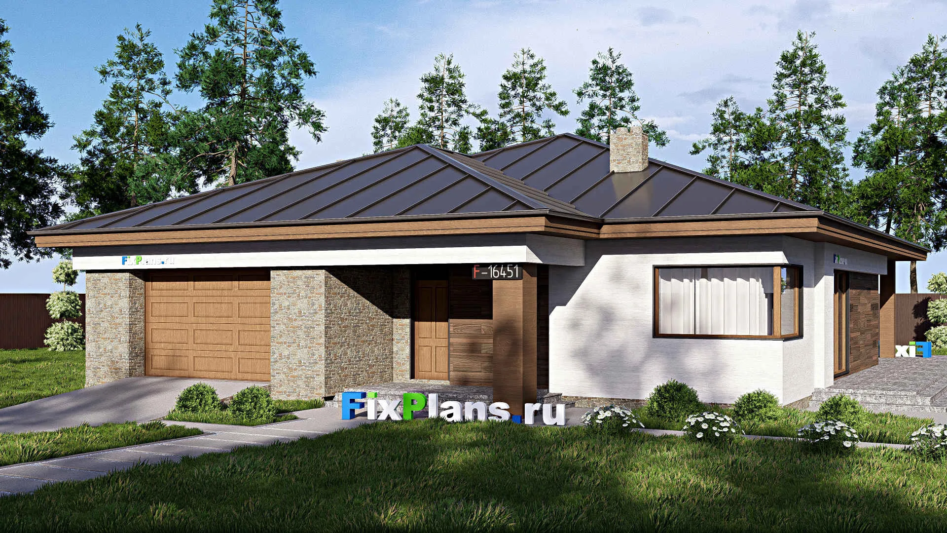 F-16451 - Проект одноэтажного дома 18 на 21, площадью 280 м² с террасой, гаражом на 1 машину и 3 спальнями