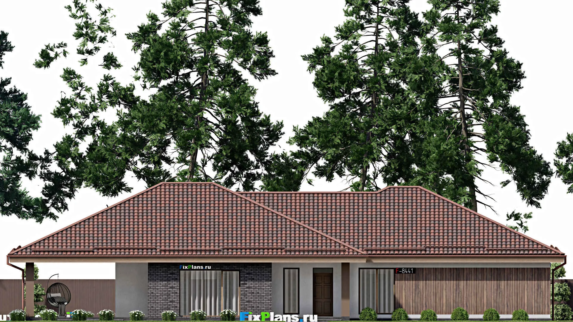 F-8441 - Проект одноэтажного дома 15 на 26, площадью 300 м² с террасой и 4 спальнями