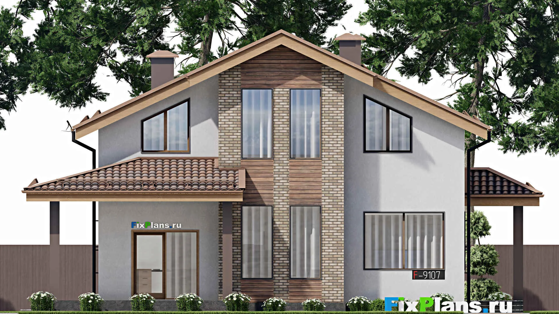 F-9107 - Планы дома с мансардой 13 на 15, площадью 190 м² с террасой и 4 спальнями