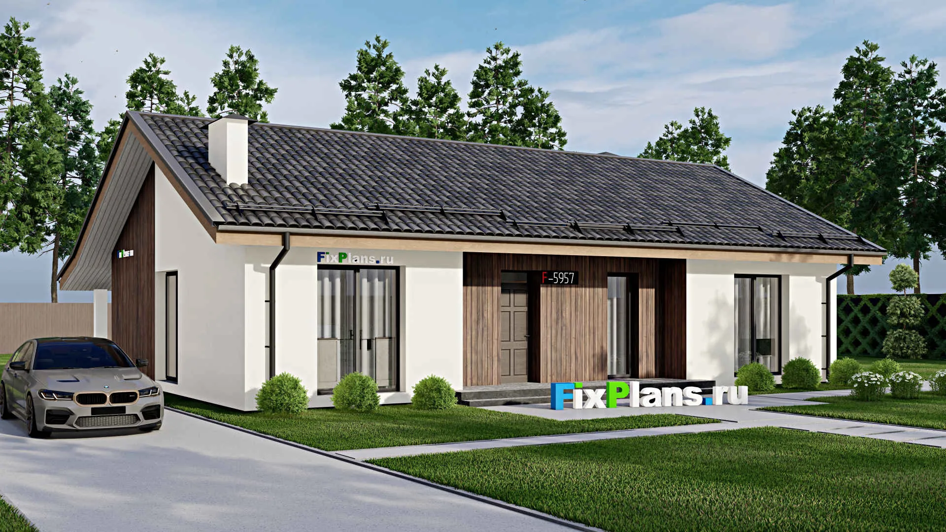 F-5957 - Проект одноэтажного дома 11 на 16, площадью 160 м² с террасой и 3 спальнями