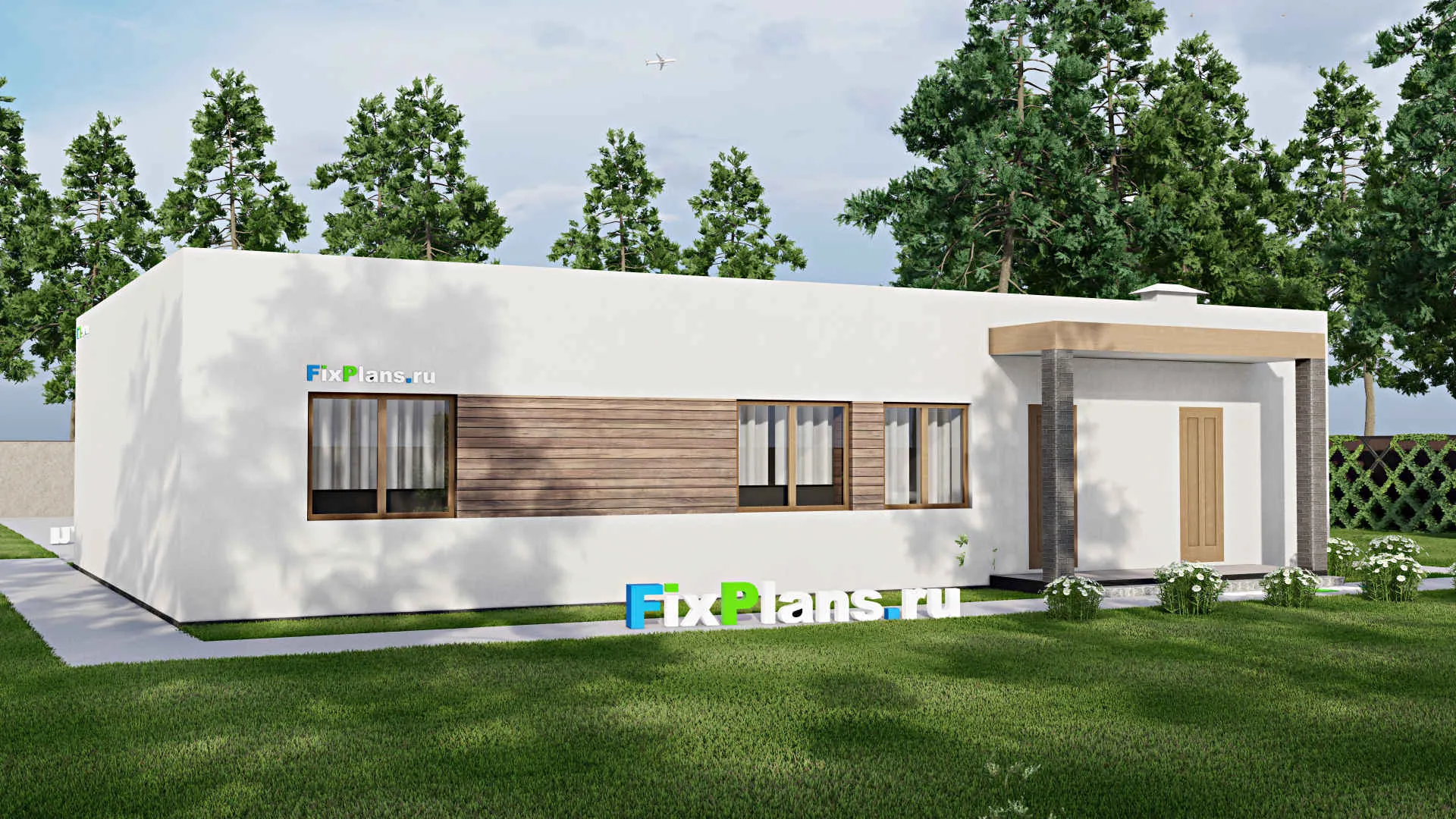 F-7073 - Проект одноэтажного дома 18 на 18, площадью 240 м² с террасой и 3 спальнями