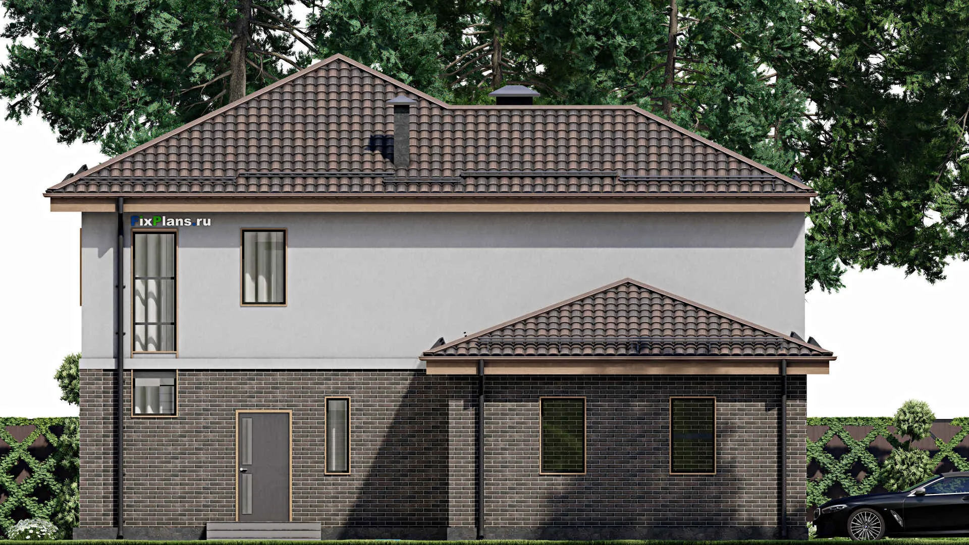 F-7568 - Планы двухэтажного дома 14 на 16, площадью 230 м² с балконом, гаражом на 1 машину и 3 спальнями