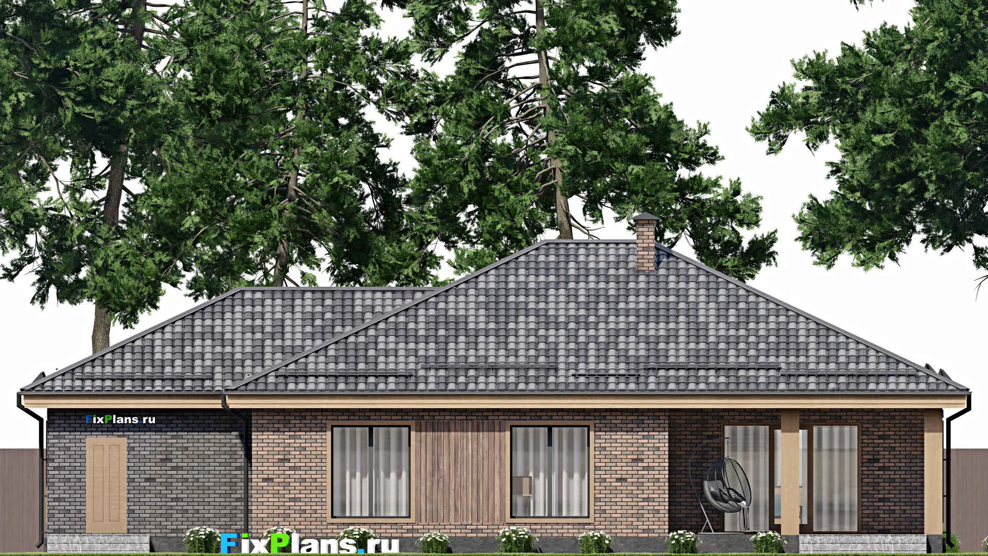 F-8657 - План одноэтажного дома 14 на 20, площадью 190 м² с террасой, гаражом на 1 машину и 3 спальнями