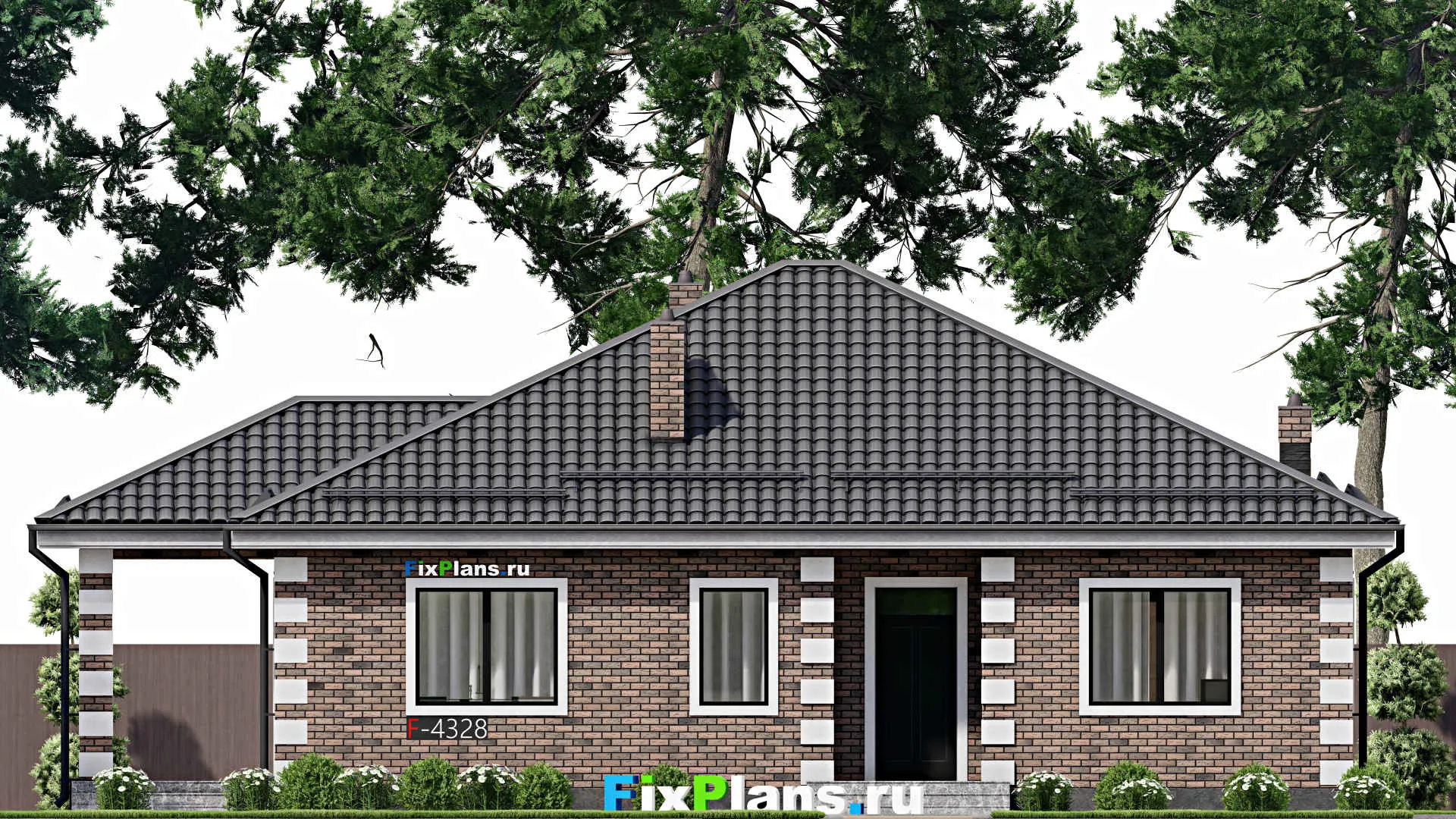 F-4328 - Проект одноэтажного дома 13 на 14, площадью 150 м² с террасой и 3 спальнями