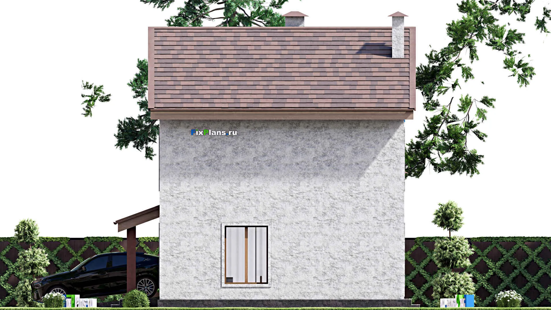 F-14255 - Проект двухэтажного дома 10 на 10, площадью 140 м² с балконом, баней, гаражом на 1 машину и 2 спальнями