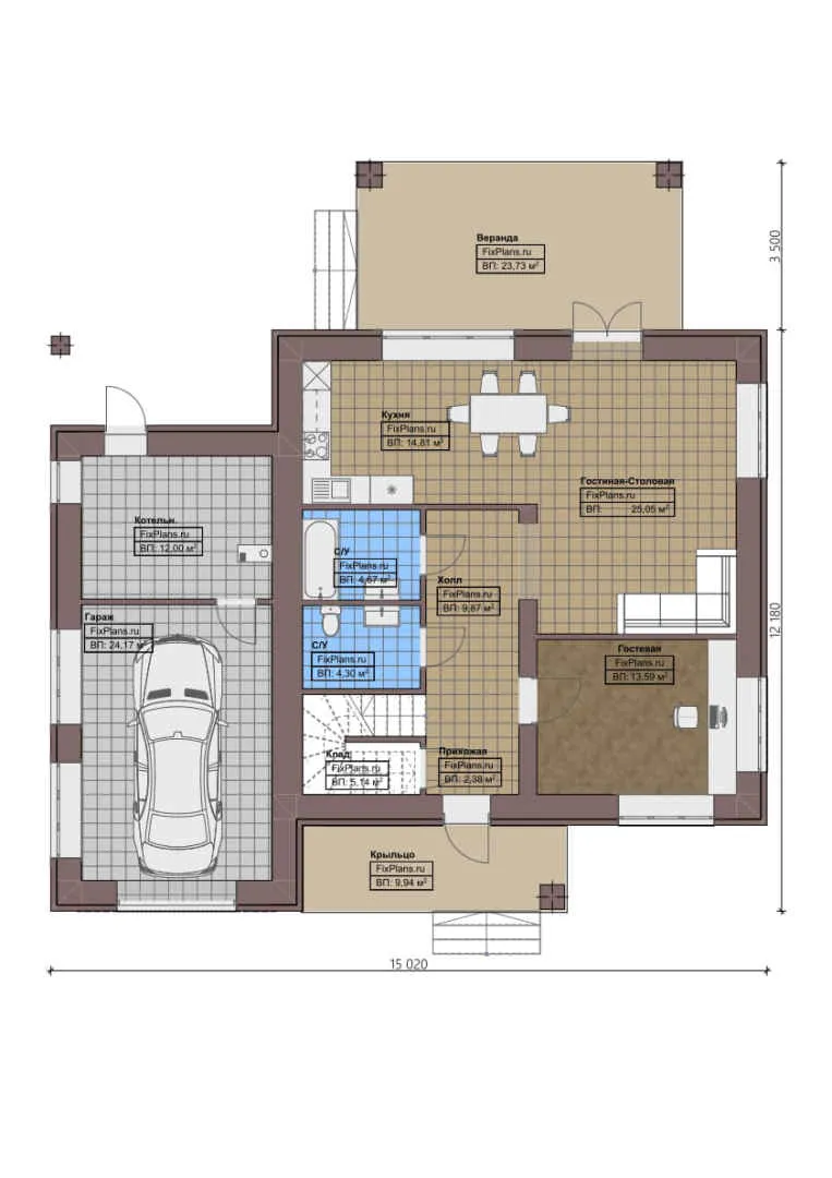 F-0476 - Планы двухэтажного дома 13 на 16, площадью 230 м² с террасой, гаражом на 1 машину и 3 спальнями