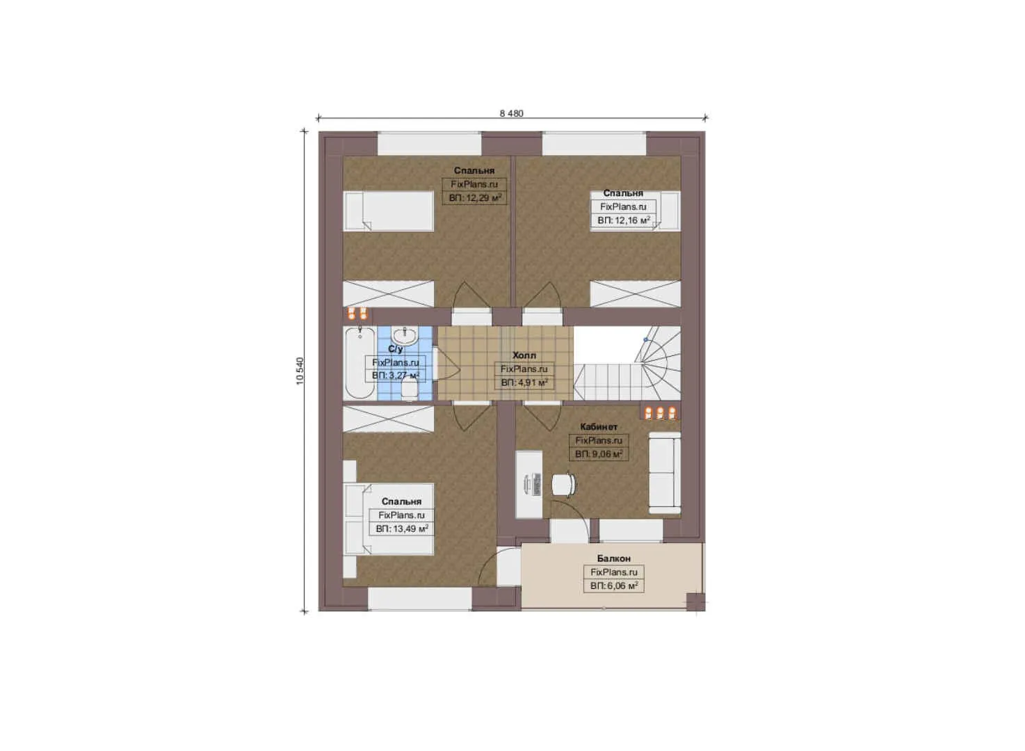 F-13274 - Планы дома с мансардой 12 на 14, площадью 180 м² с террасой, балконом и 4 спальнями