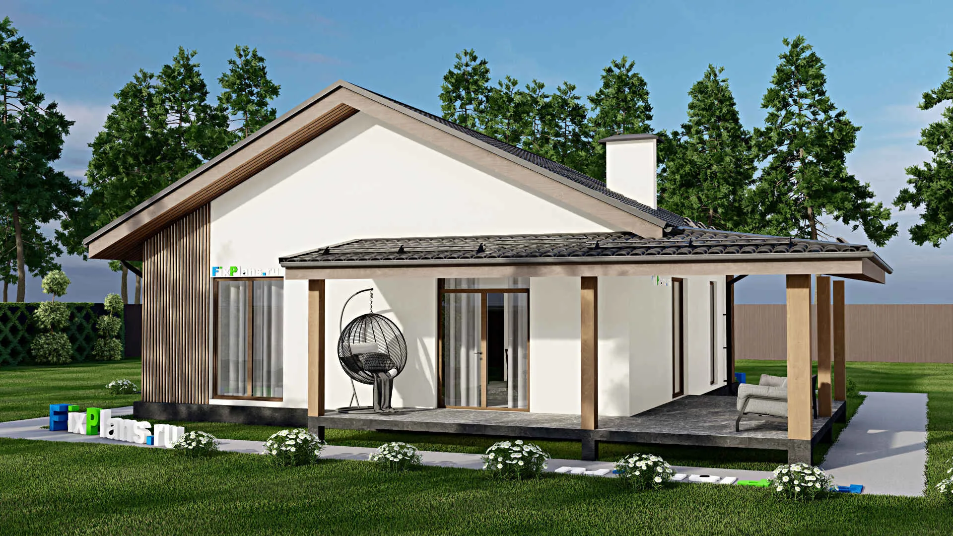 F-3860 - План одноэтажного дома 11 на 11, площадью 120 м² с террасой и 3 спальнями