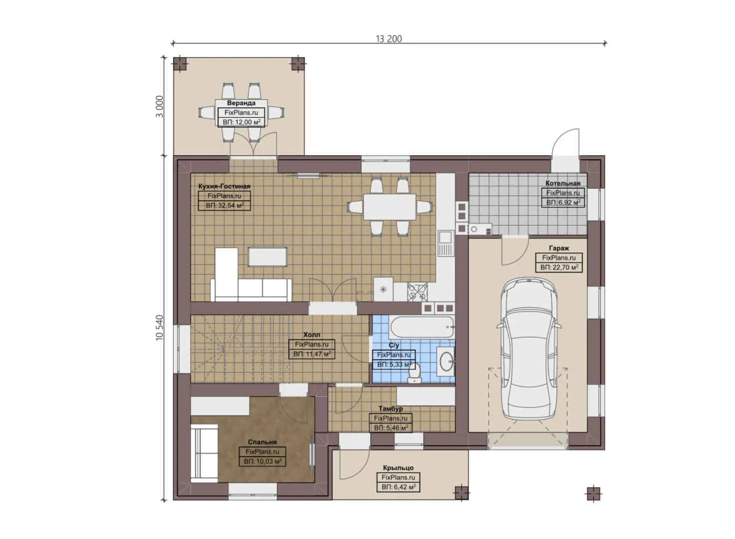 F-0323 - Планы дома с мансардой 11 на 14, площадью 180 м² с террасой, балконом, гаражом на 1 машину и 4 спальнями
