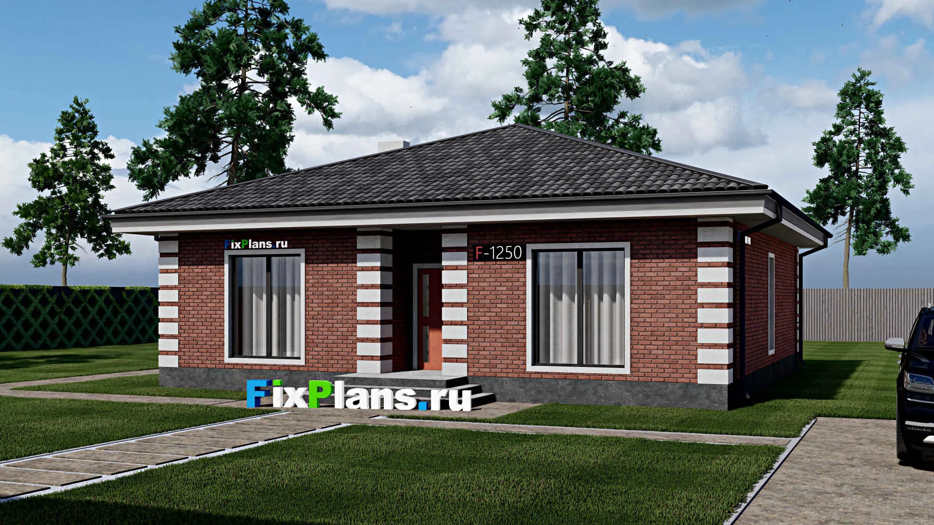 F-1250 - Проект одноэтажного дома 12 на 12, площадью 140 м² с террасой и 3 спальнями