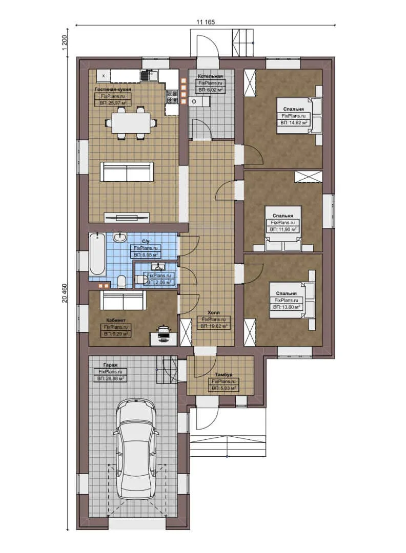 F-8216 - План одноэтажного дома 12 на 21, площадью 150 м² с гаражом на 1 машину и 3 спальнями