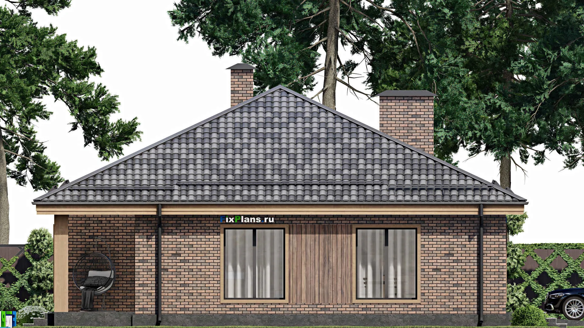 F-8657 - План одноэтажного дома 14 на 20, площадью 190 м² с террасой, гаражом на 1 машину и 3 спальнями