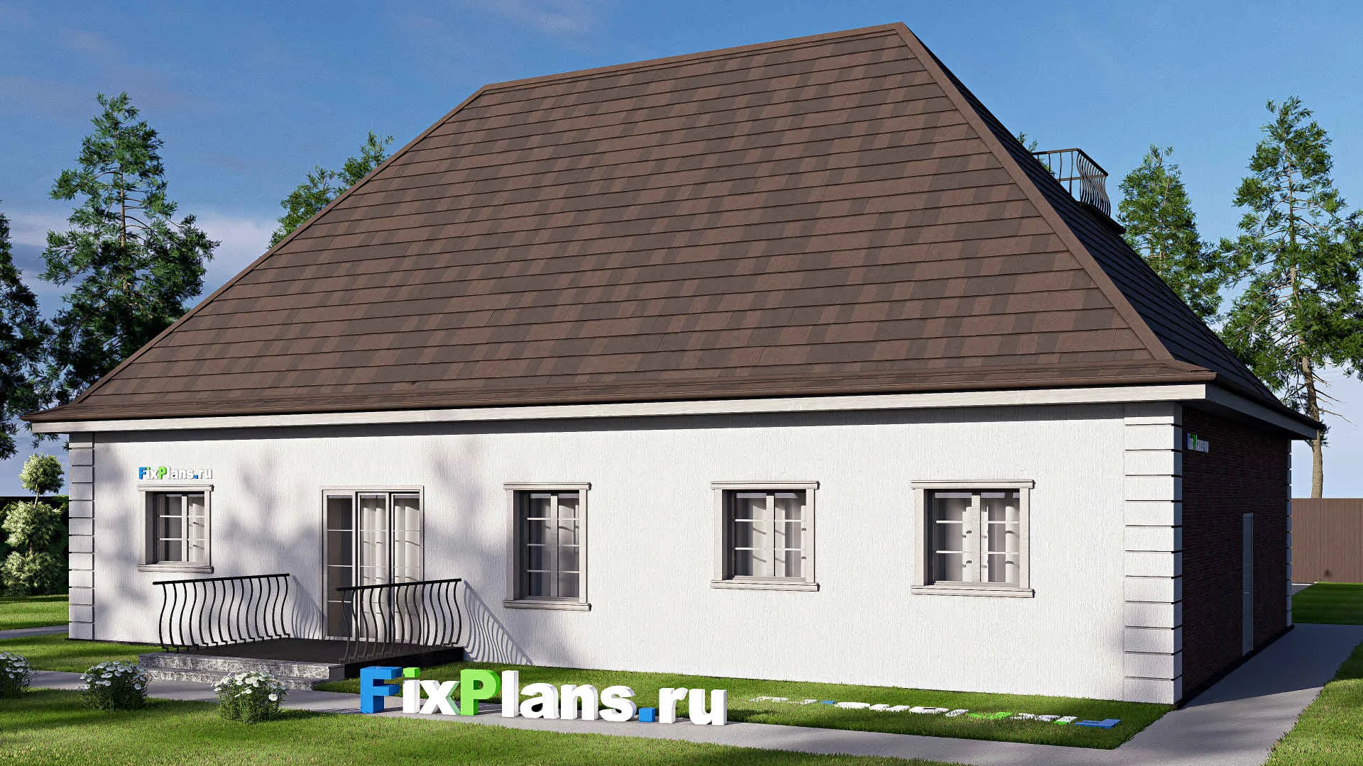 F-20339 - План одноэтажного дома 15 на 18, площадью 280 м² с цокольным этажом, баней, гаражом на 2 машины и 3 спальнями