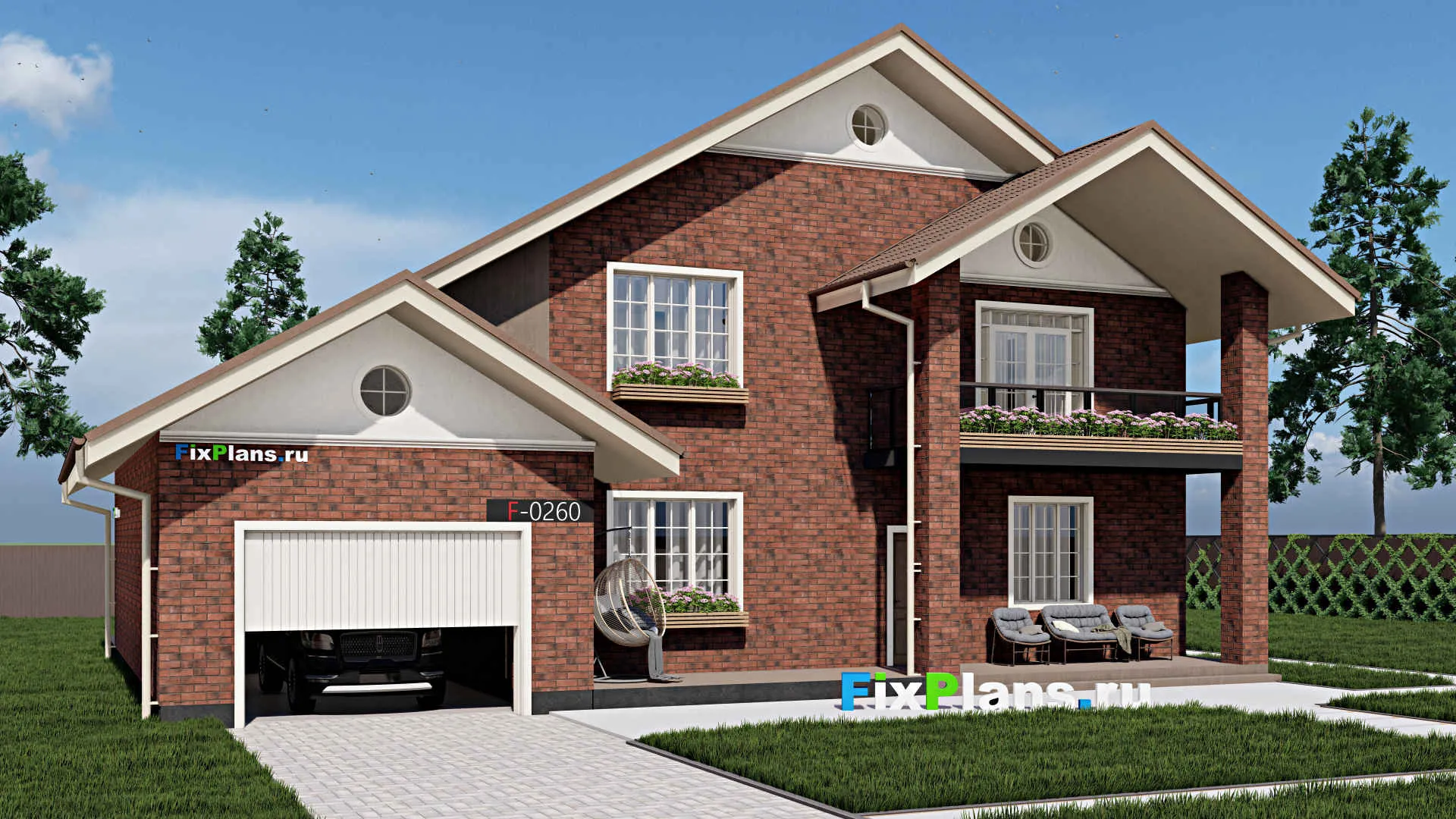 F-0260 - Проект двухэтажного дома 12 на 17, площадью 280 м² с террасой, балконом, гаражом на 1 машину и 4 спальнями