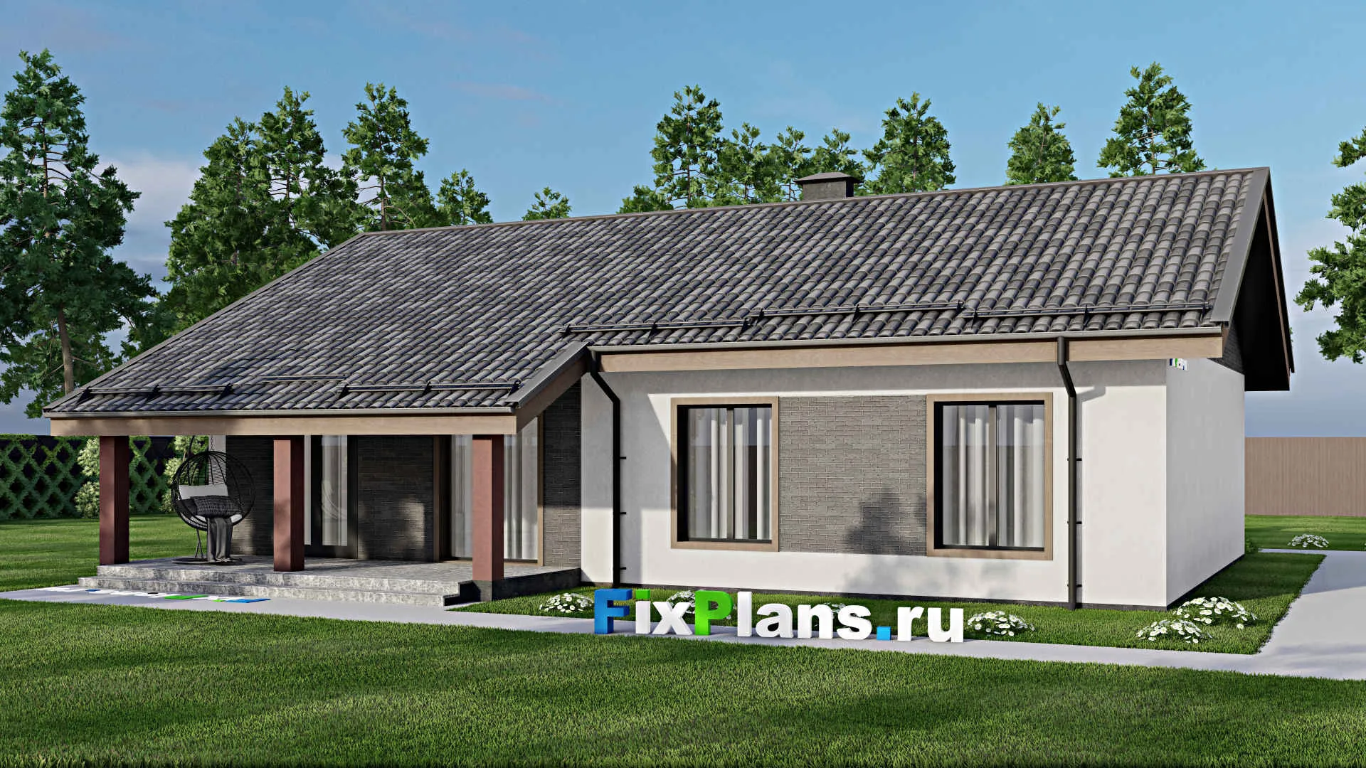 F-7217 - Проект одноэтажного дома 11 на 16, площадью 160 м² с террасой и 3 спальнями