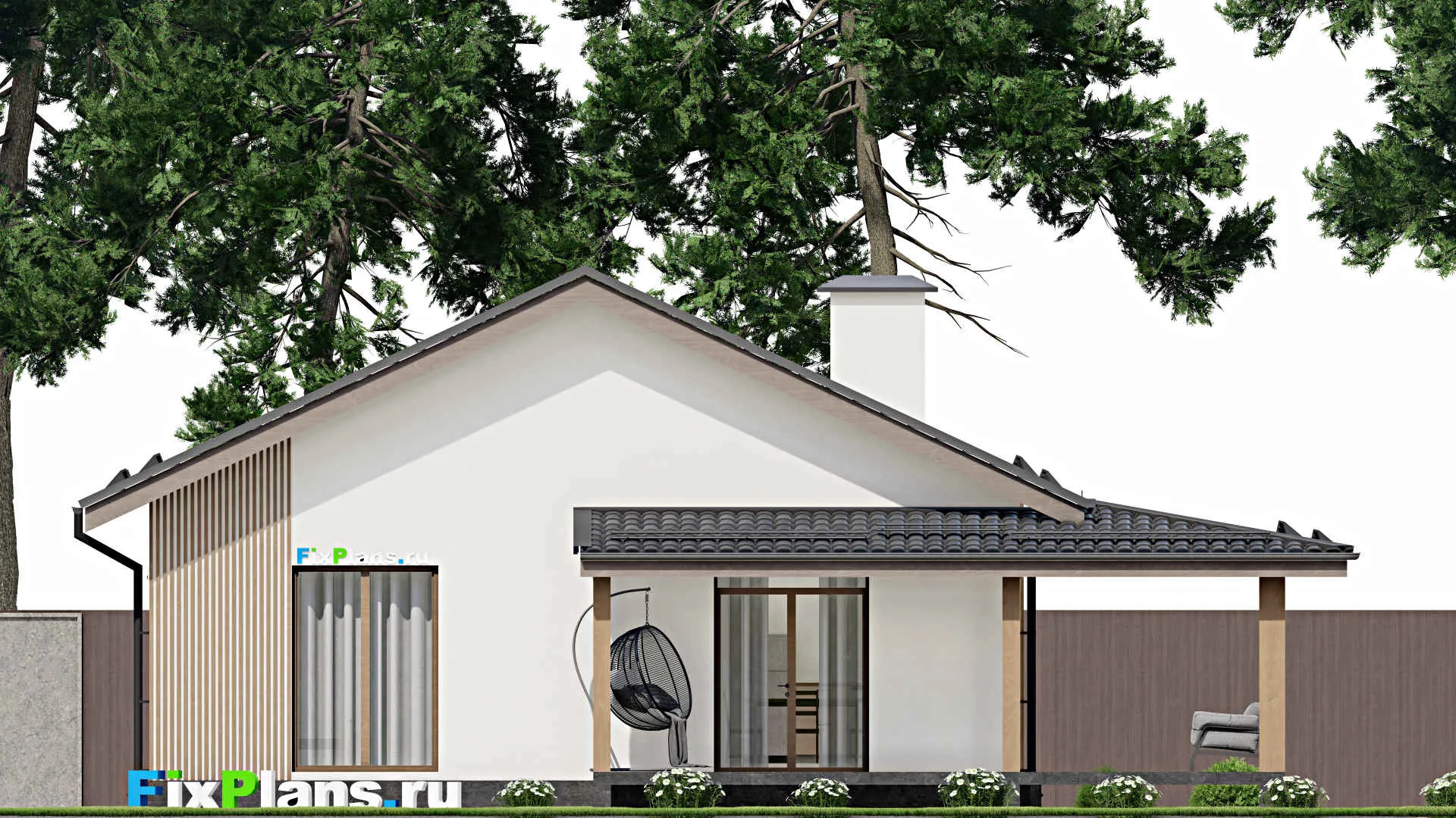 F-3860 - План одноэтажного дома 11 на 11, площадью 120 м² с террасой и 3 спальнями