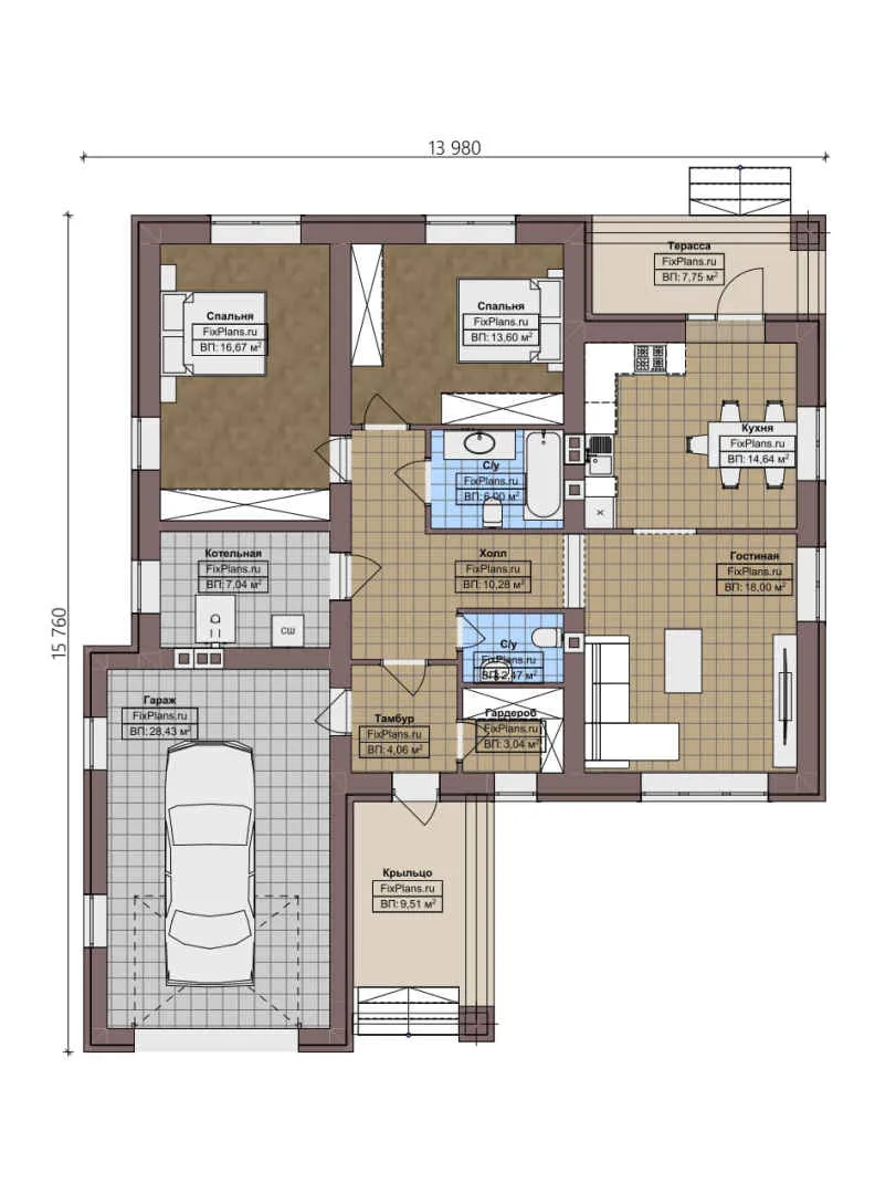 F-4958 - План одноэтажного дома 14 на 16, площадью 150 м² с террасой, гаражом на 1 машину и 2 спальнями