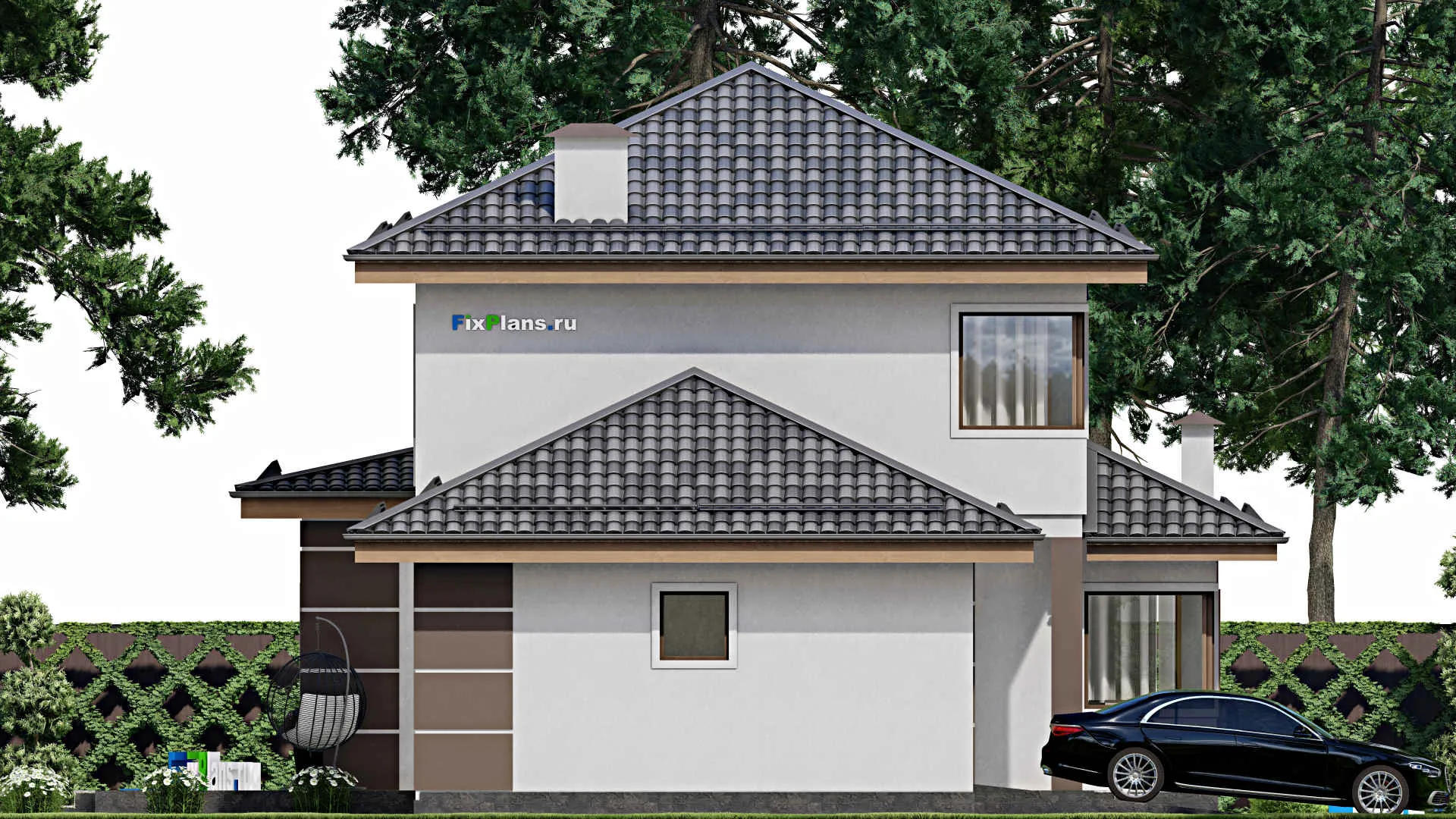 F-10241 - Проект двухэтажного дома 14 на 17, площадью 220 м² с террасой, гаражом на 1 машину и 3 спальнями