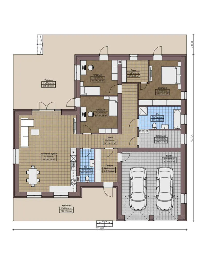 F-1853 - План одноэтажного дома 17 на 18, площадью 280 м² с террасой, гаражом на 2 машины и 3 спальнями