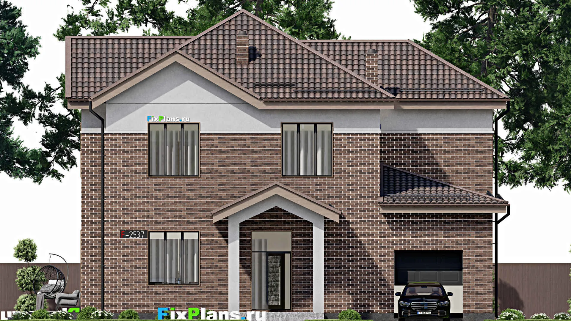 F-2537i - Проект двухэтажного дома 16 на 17, площадью 290 м² с террасой, гаражом на 1 машину и 5 спальнями