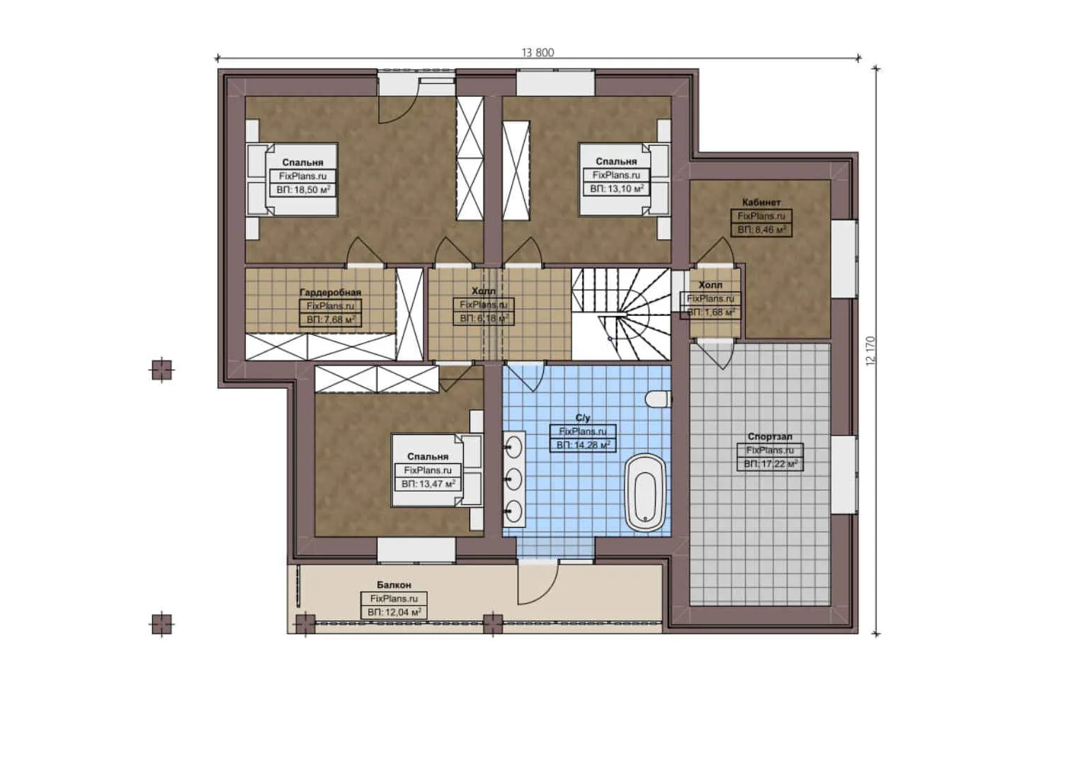 F-3293 - Планы дома с мансардой 13 на 14, площадью 250 м² с террасой, балконом, гаражом на 1 машину, спортзалом и 4 спальнями