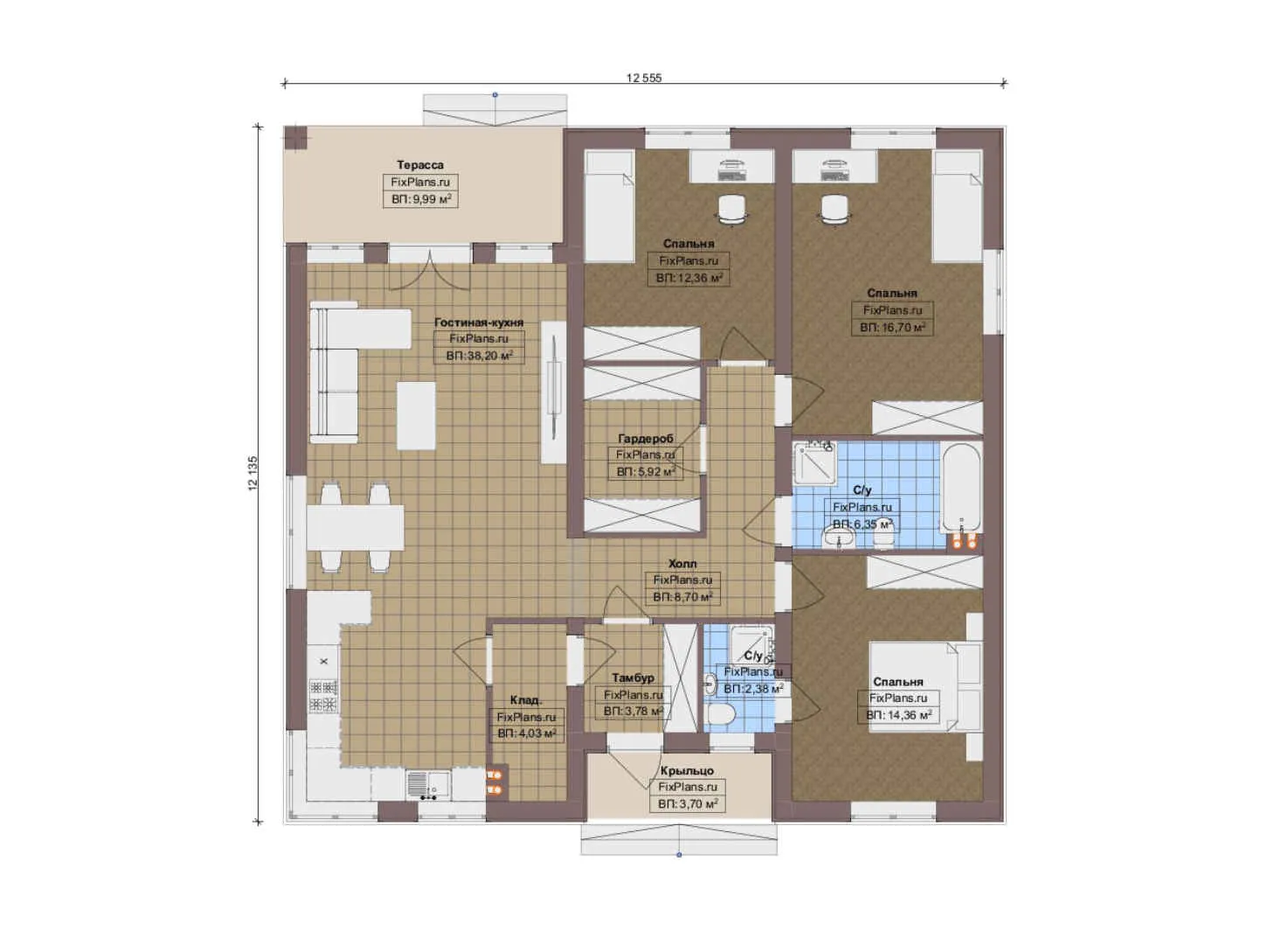 F-12824 - План одноэтажного дома 13 на 13, площадью 130 м² с террасой и 3 спальнями