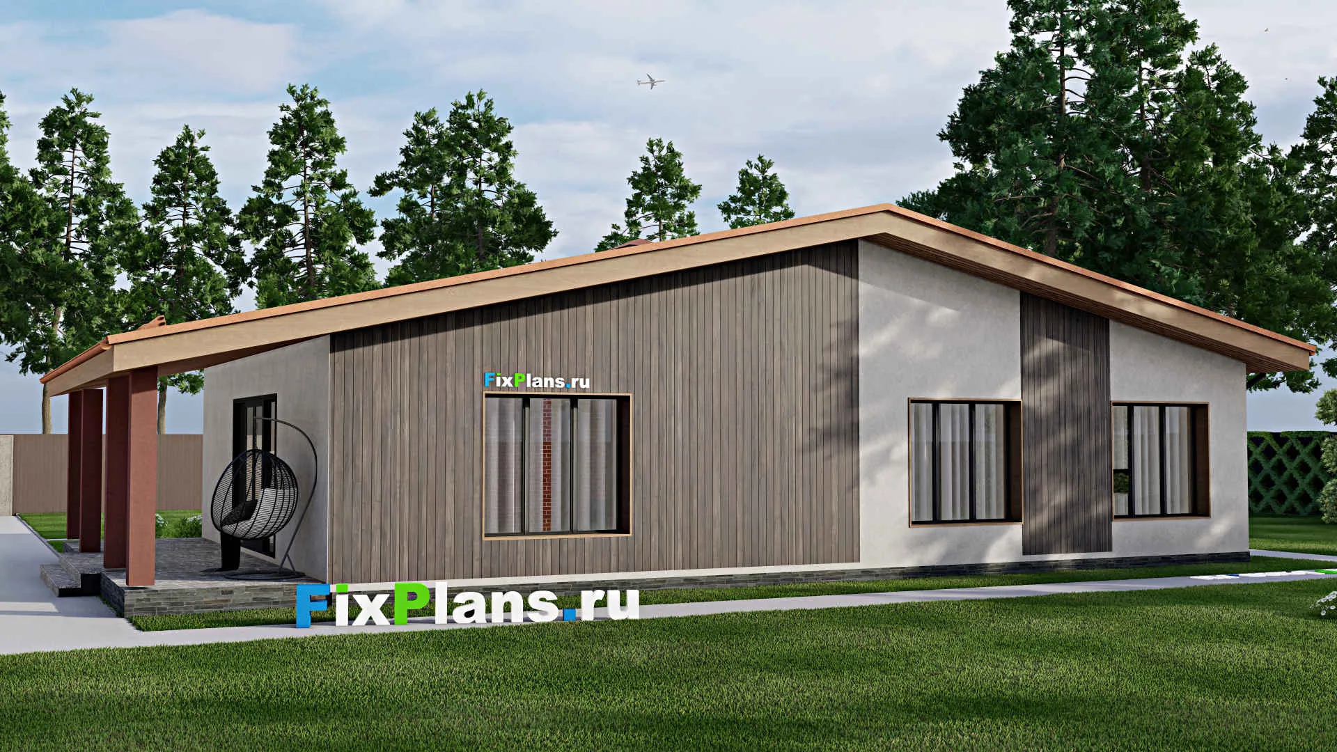 F-9926 - План одноэтажного дома 12 на 19, площадью 170 м² с террасой и 3 спальнями