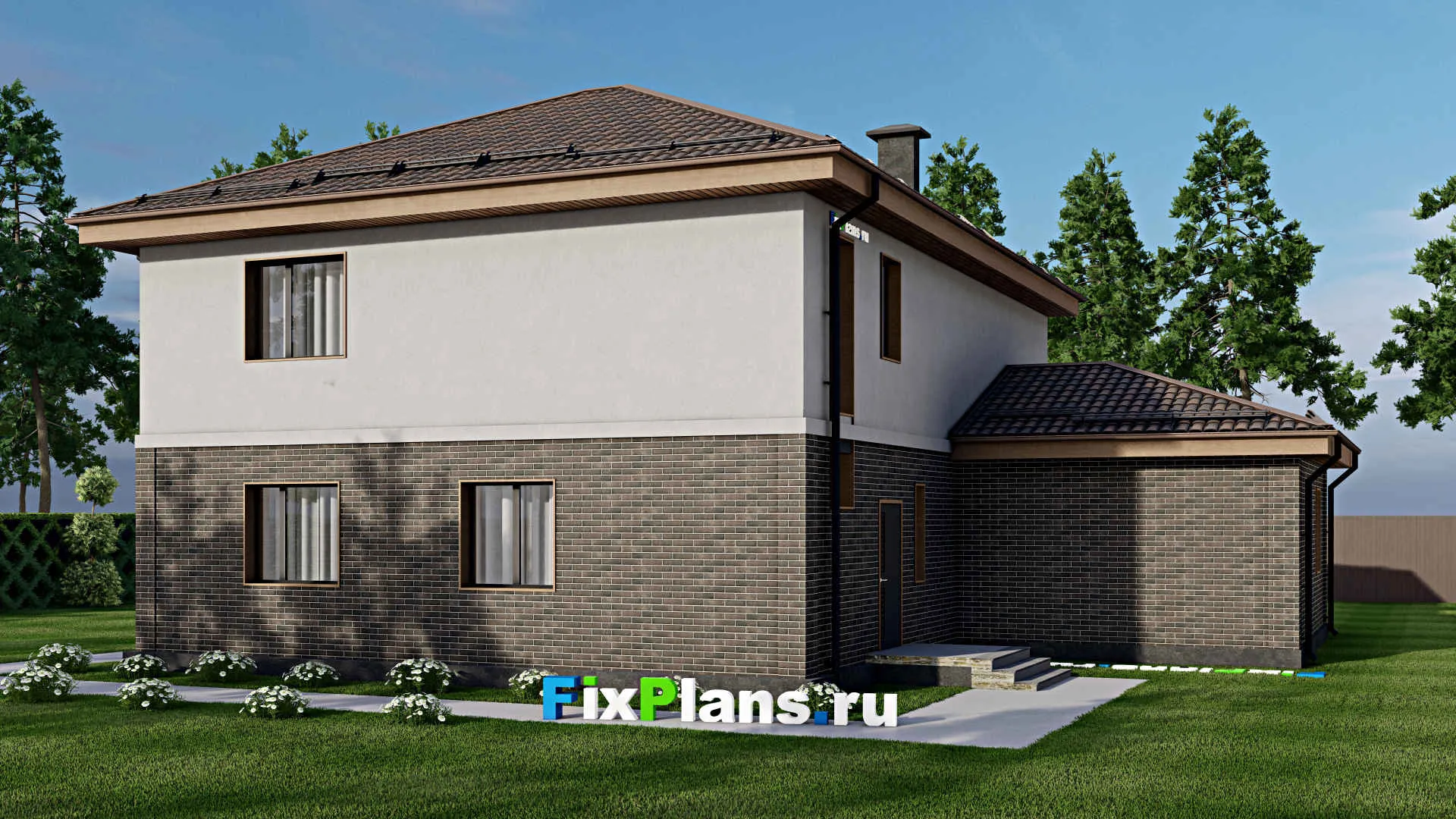 F-7568 - Планы двухэтажного дома 14 на 16, площадью 230 м² с балконом, гаражом на 1 машину и 3 спальнями