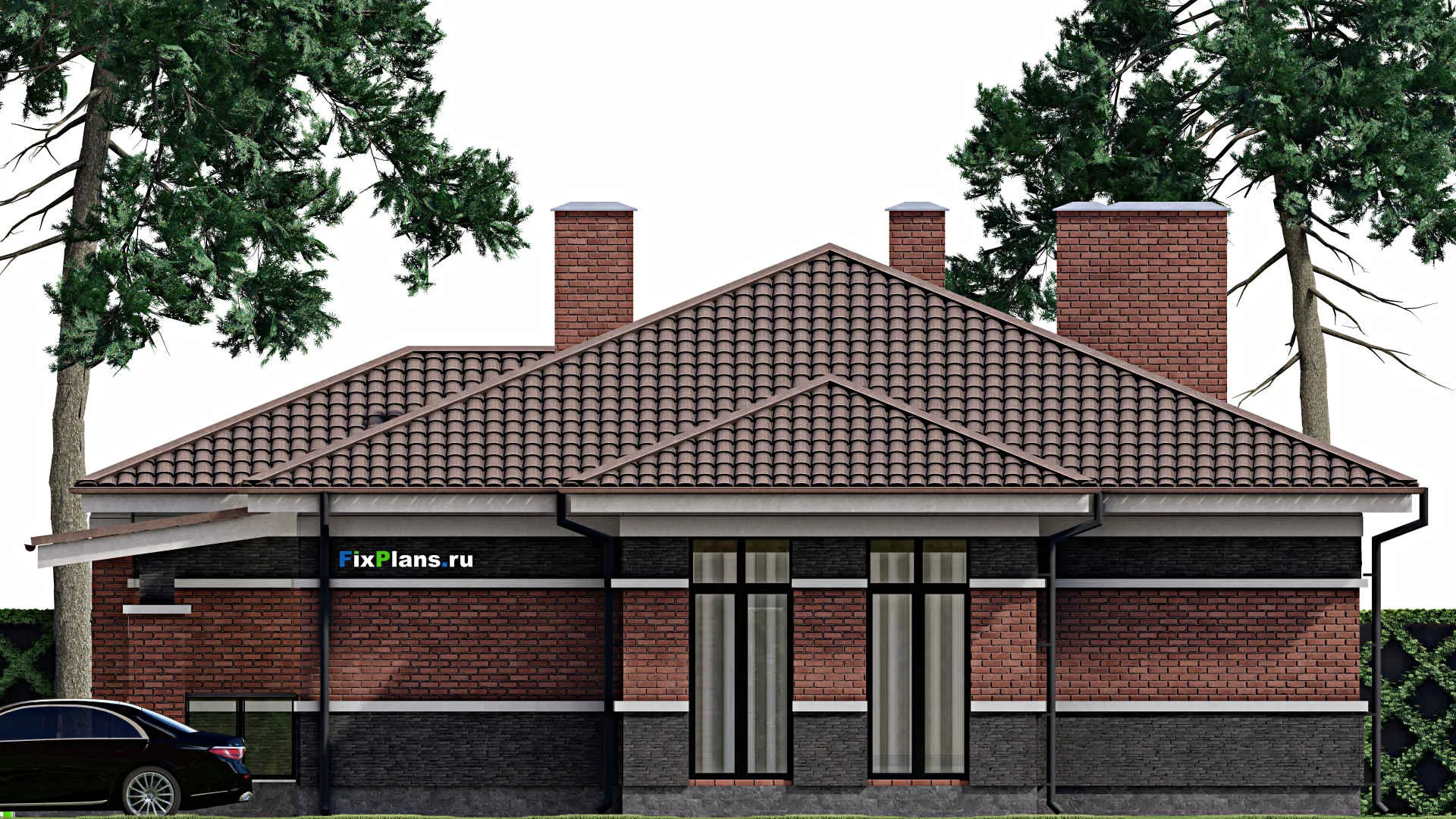 F-0575 - Проект одноэтажного дома 15 на 18, площадью 220 м² с террасой и 3 спальнями