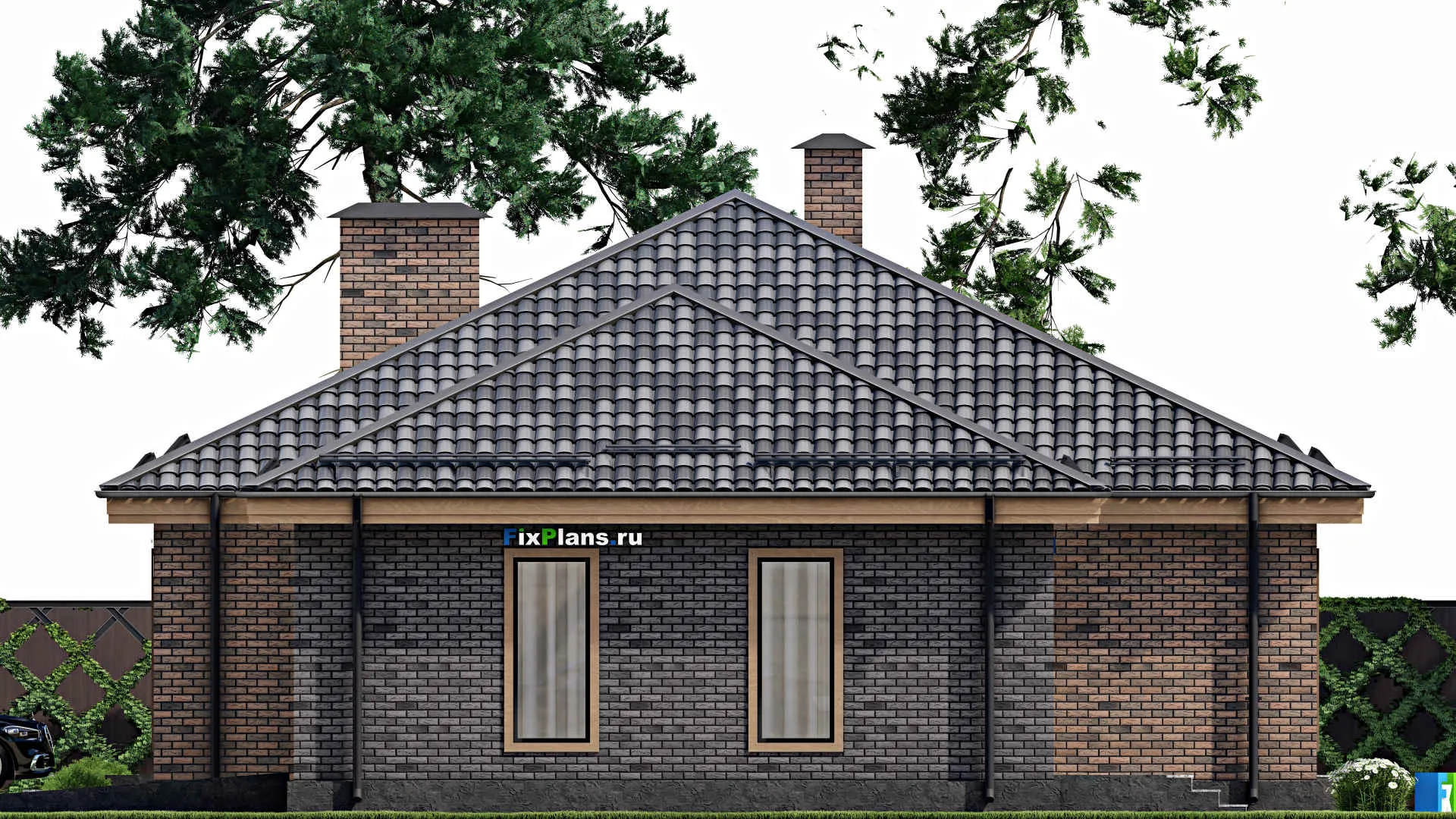 F-8657 - План одноэтажного дома 14 на 20, площадью 190 м² с террасой, гаражом на 1 машину и 3 спальнями