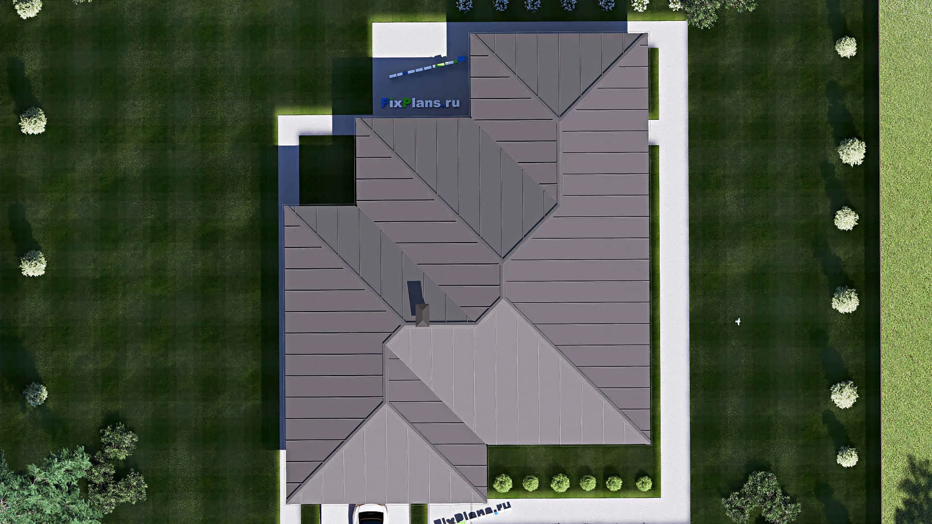 F-18692 - Проект одноэтажного дома 18 на 23, площадью 260 м² с террасой, баней, гаражом на 2 машины и 4 спальнями