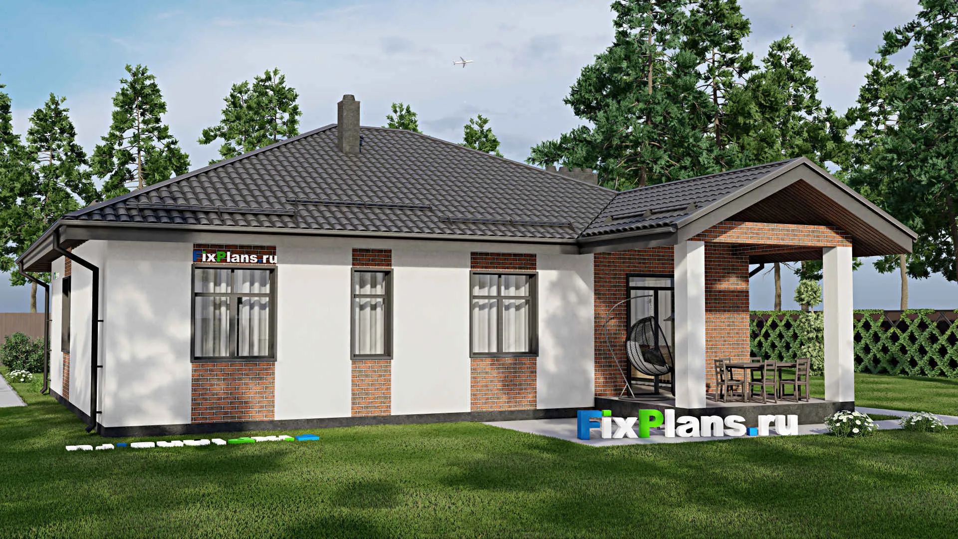 F-3626 - Проект одноэтажного дома 14 на 14, площадью 170 м² с террасой и 3 спальнями