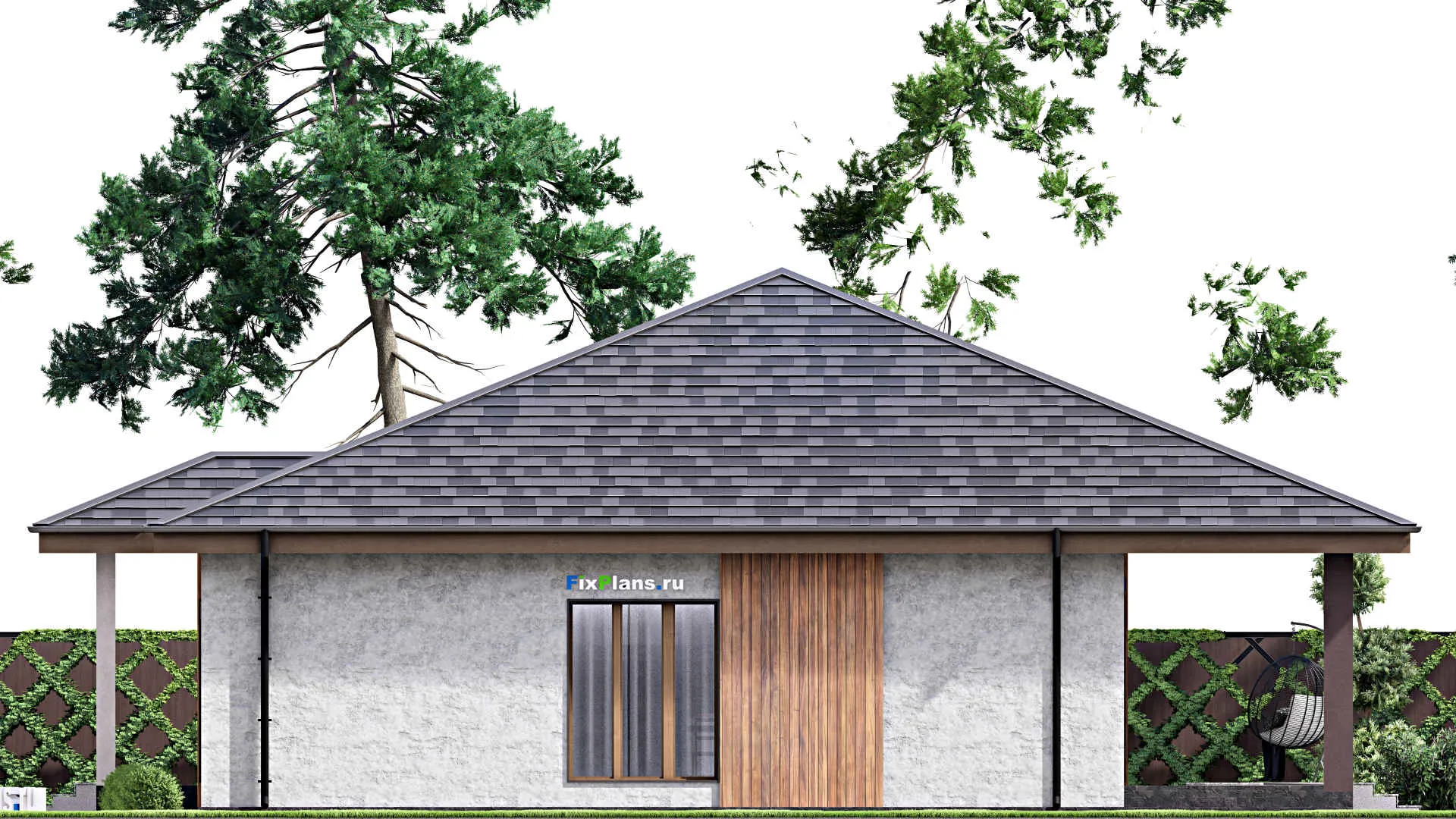 F-12914 - План одноэтажного дома 17 на 20, площадью 360 м² с террасой, цокольным этажом, баней, гаражом на 1 машину и 2 спальнями