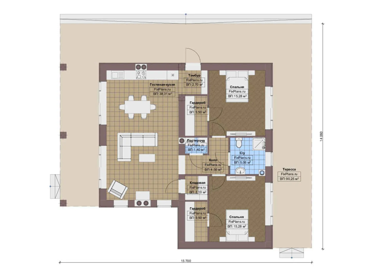 F-16694 - План одноэтажного дома 15 на 16, площадью 190 м² с террасой и 2 спальнями