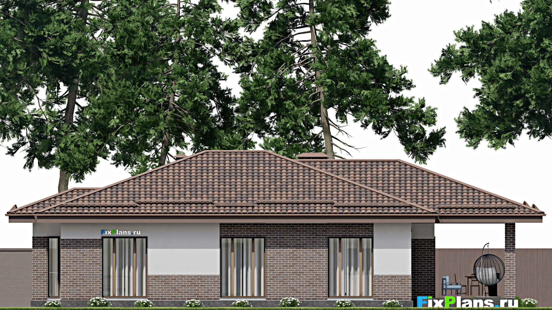 F-8396 - Проект одноэтажного дома 13 на 17, площадью 160 м² с террасой и 3 спальнями