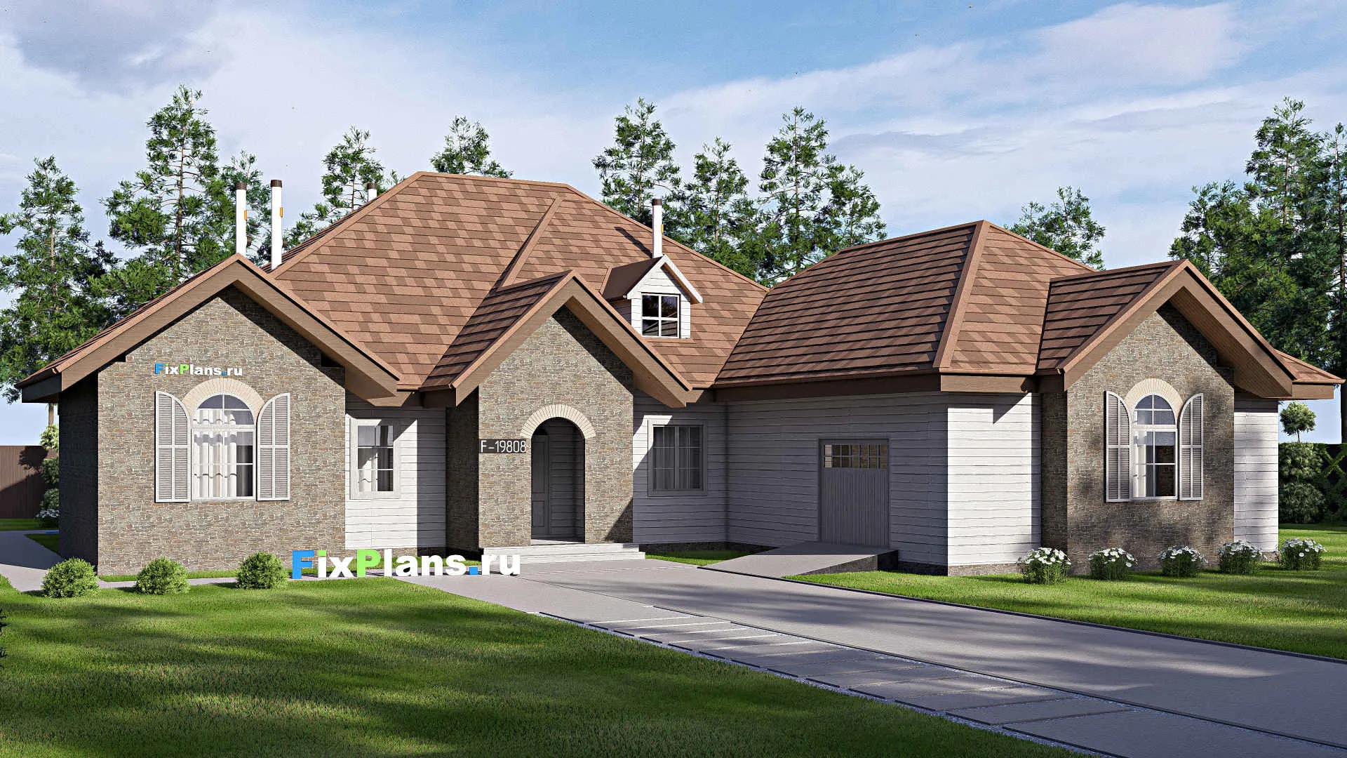 F-19808 - Проект дома с мансардой 22 на 23, площадью 330 м² с террасой, гаражом на 2 машины и 3 спальнями