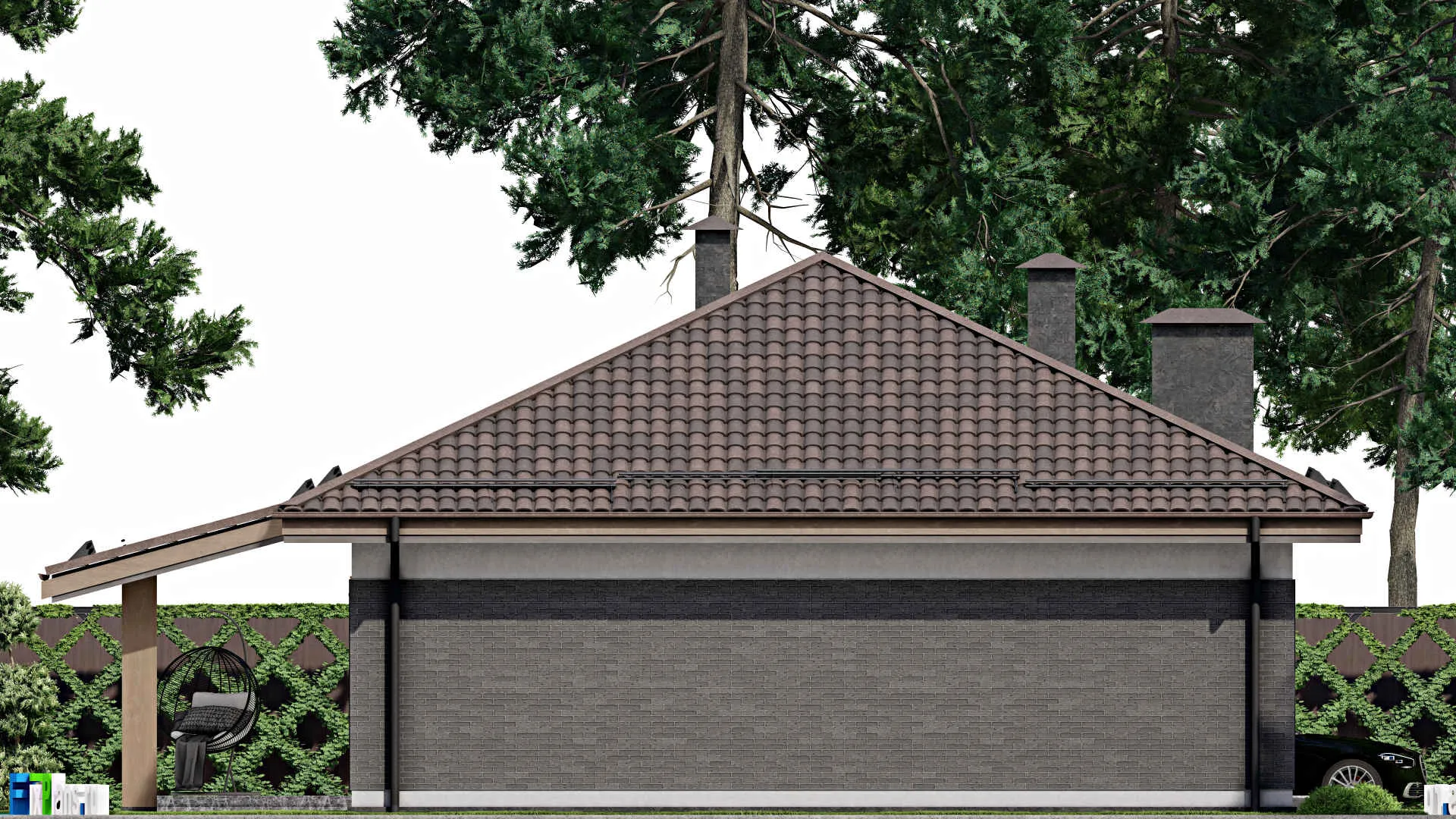 F-6713 - План одноэтажного дома 11 на 14, площадью 140 м² с террасой и 3 спальнями