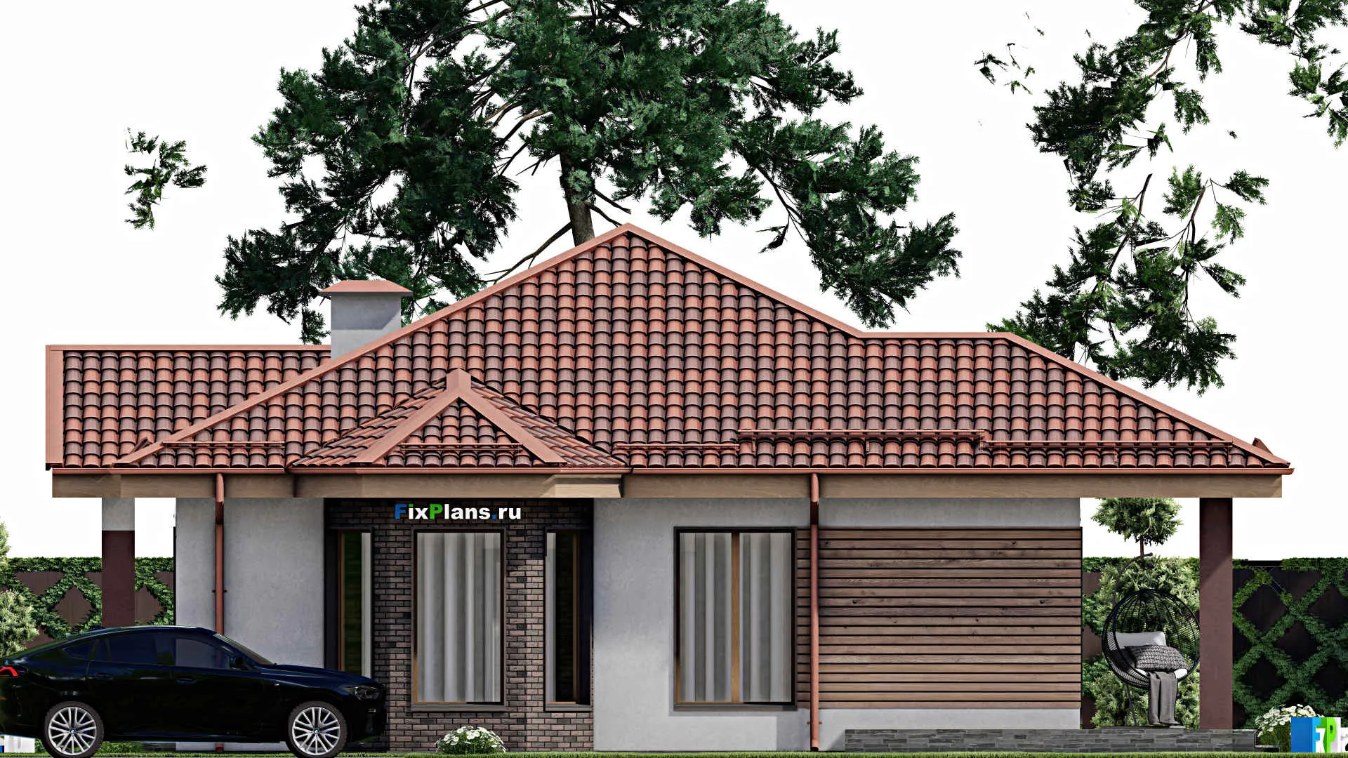 F-8648 - Проект одноэтажного дома 14 на 15, площадью 130 м² с террасой и 3 спальнями