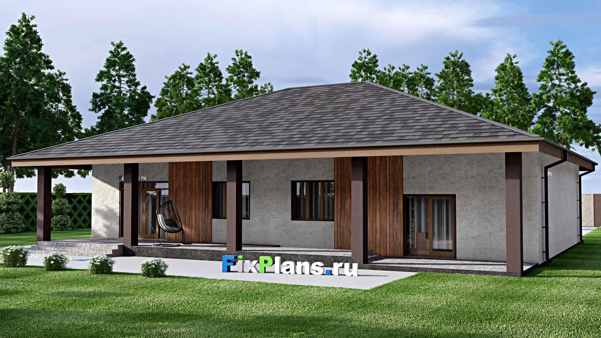 F-12914 - План одноэтажного дома 17 на 20, площадью 360 м² с террасой, цокольным этажом, баней, гаражом на 1 машину и 2 спальнями