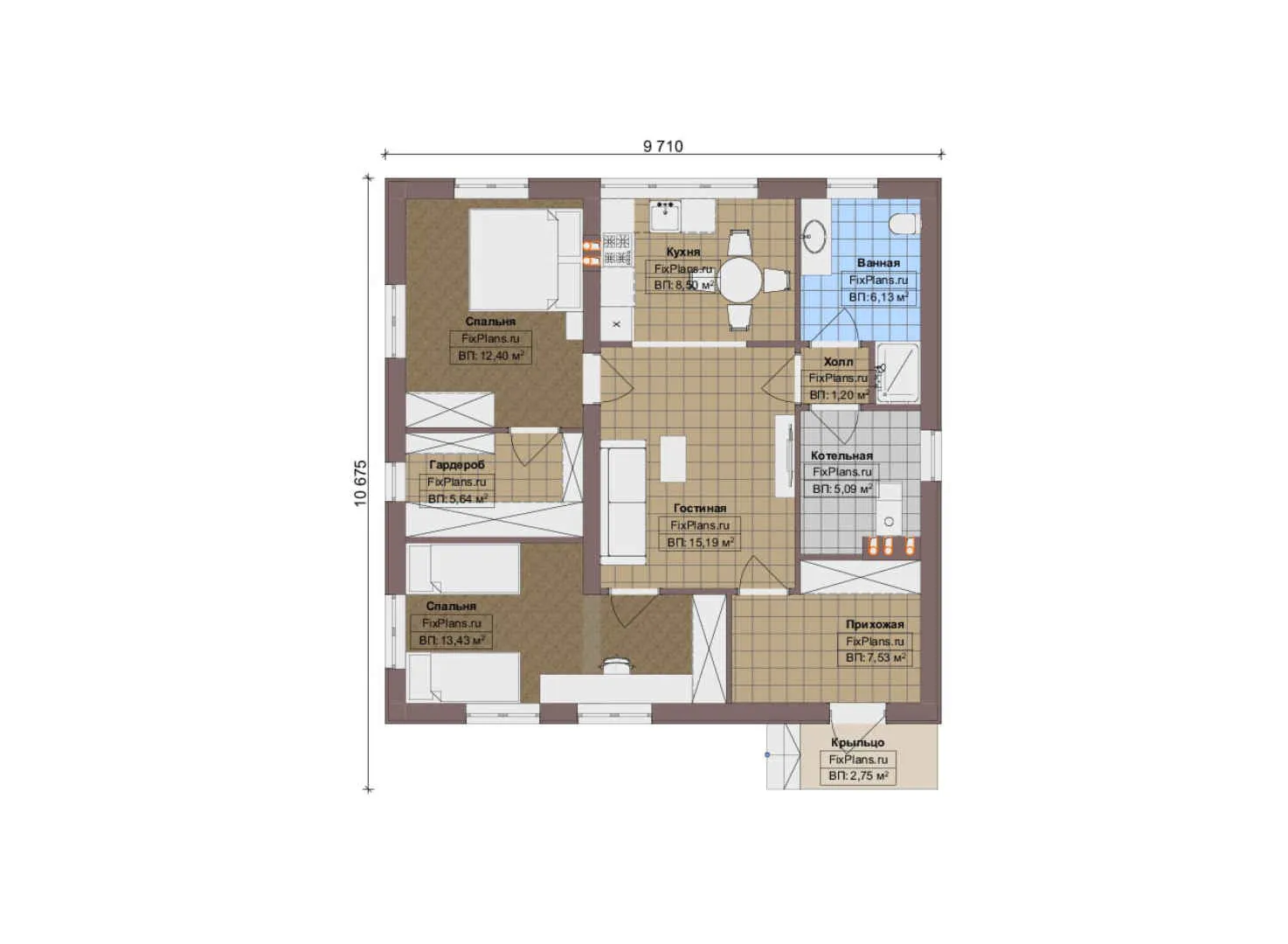 F-20375 - План одноэтажного дома 10 на 11, площадью 80 м² с 2 спальнями