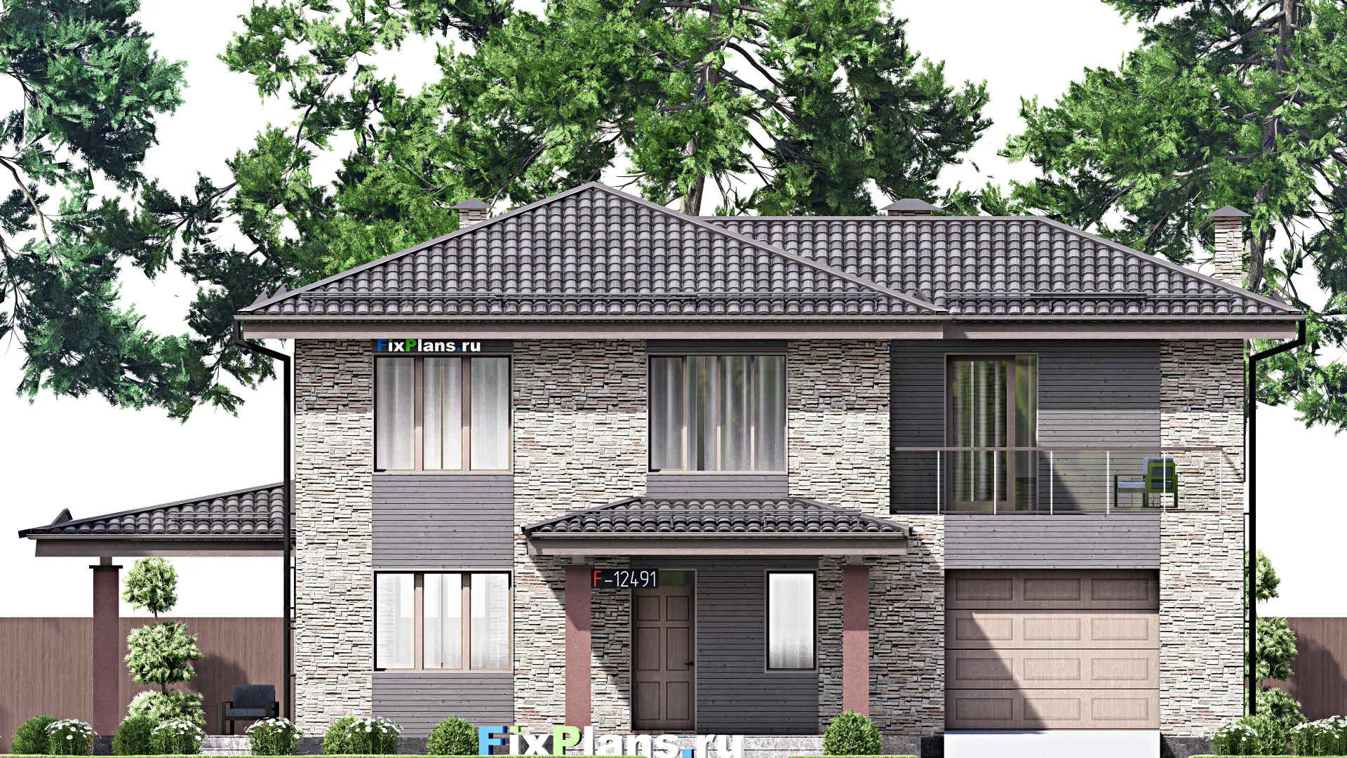 F-12491 - Проект двухэтажного дома 12 на 18, площадью 260 м² с террасой, балконом, гаражом на 1 машину и 3 спальнями